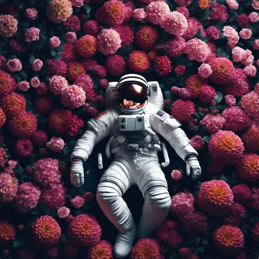 astronaut laying in flowers, top view, cinematic, dark light, beautiful colors, detailled, 4k