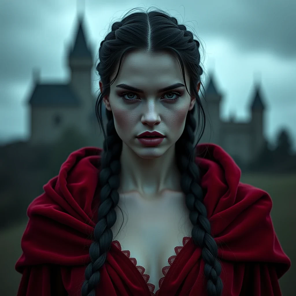 Masterpiece, best quality, hyperrealistic photograph, of effortlessly beautiful Nordic female vampire with dark braided hair and pale skin, Serana from Skyrim, perfect face, seductive look, highly detailed skin, lifelike texture, supple skin pores, wearing velvet red royal vampire robes, standing in front of Castle Volkihar, dark fantasy, ominous atmosphere, storm clouds above, cold color temperature, dull, cinematic lighting, shallow depth of field, photographed on a Leica SL (Typ 601) Mirrorless Digital Camera, 35mm F/1.4 cine lens, soft focus, hyperdetailed, intricately detailed, film-like, HDR, 8k, film still from Skyrim live action adaptation, front facing, closeup