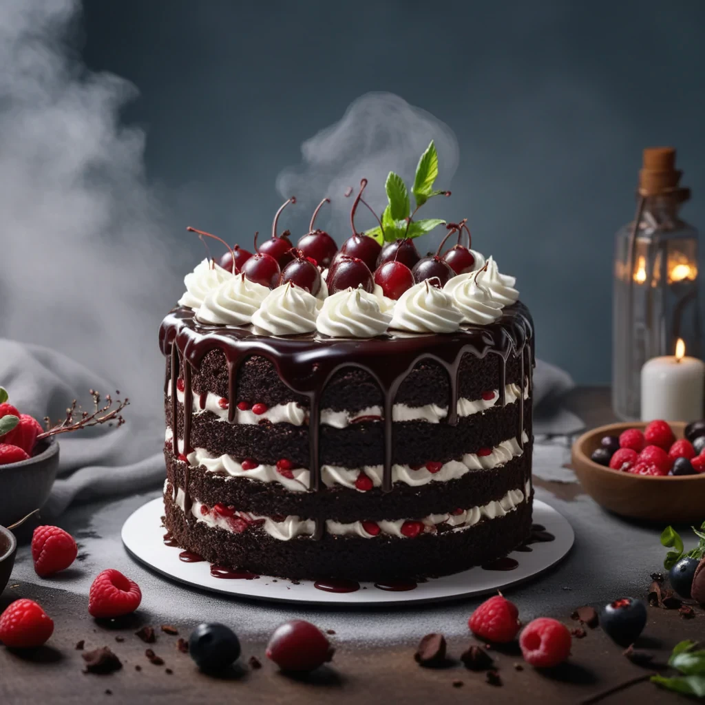 black forest gateau cake spelling out the words "SMART YARA", tasty, food photography, dynamic shot