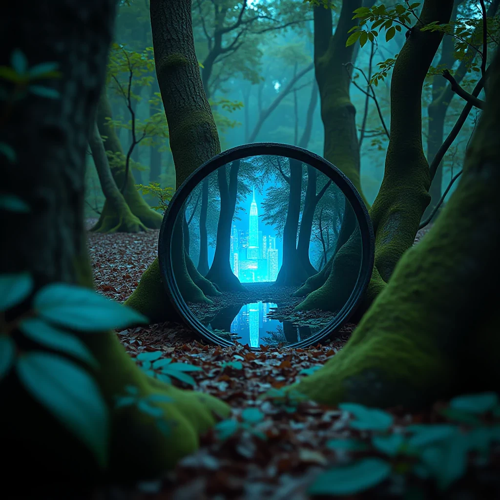 A mysterious mirror, set in the heart of a dense, enchanted forest, reflects not the trees around it but a vast, futuristic city. Captured in ultra-realistic detail with a slow pan shot on a Panasonic Lumix S1R using HDR techniques, the camera reveals the hyper-detailed foliage of the forest before focusing on the mirror’s vibrant reflection. The city within the mirror glows with vibrant neon lights, contrasting sharply with the dark, natural tones of the forest. This composition takes inspiration from Jeff Wall’s narrative-style photography, creating a cinematic juxtaposition between the natural and the artificial in striking, hyper-realistic detail. Every leaf, every beam of light, is meticulously captured, immersing the viewer in a world where two realities coexist.