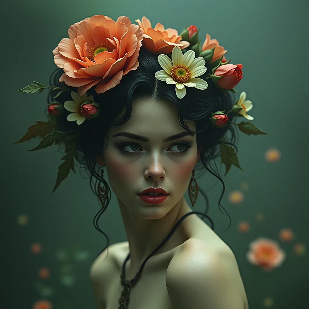 (style of TOM BAGSHAW) nude woman (creepy, gloomy and misty:1.1) flowers in hair