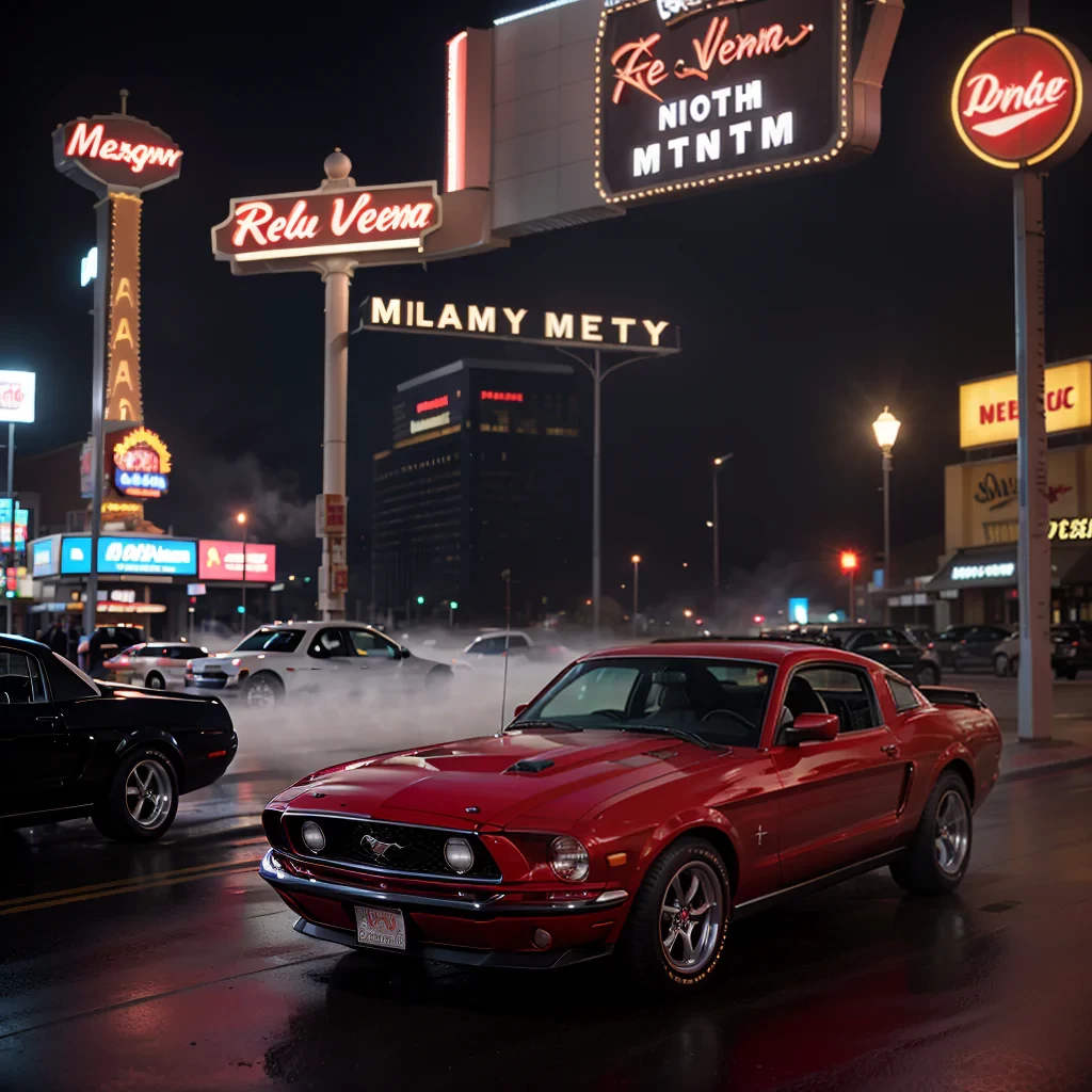 Photo of a classic red mustang car parked in las vegas strip at night