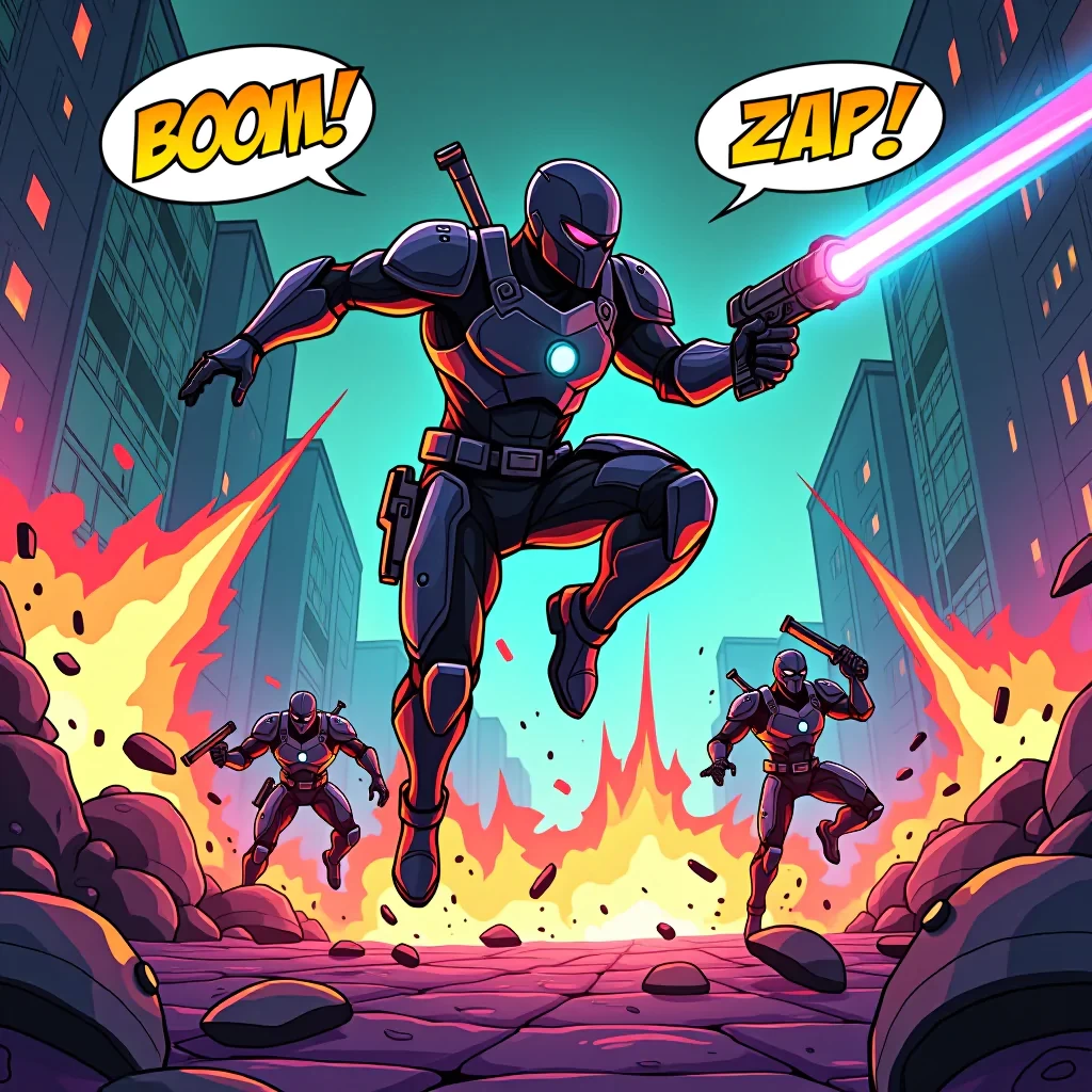 A dynamic, vibrant comic book scene set inside a high-energy futuristic video game arena. The hero, dressed in sleek, cyberpunk armor, leaps through the air, mid-battle, as neon-colored explosions light up the background. His weapon emits a bright energy beam as he dodges a flurry of attacks from robotic enemies. The scene is filled with intense action lines, exaggerated motion, and bold, contrasting colors. Speech bubbles with exciting dialogue and onomatopoeic sound effects like 'BOOM!' and 'ZAP!' enhance the energetic comic atmosphere