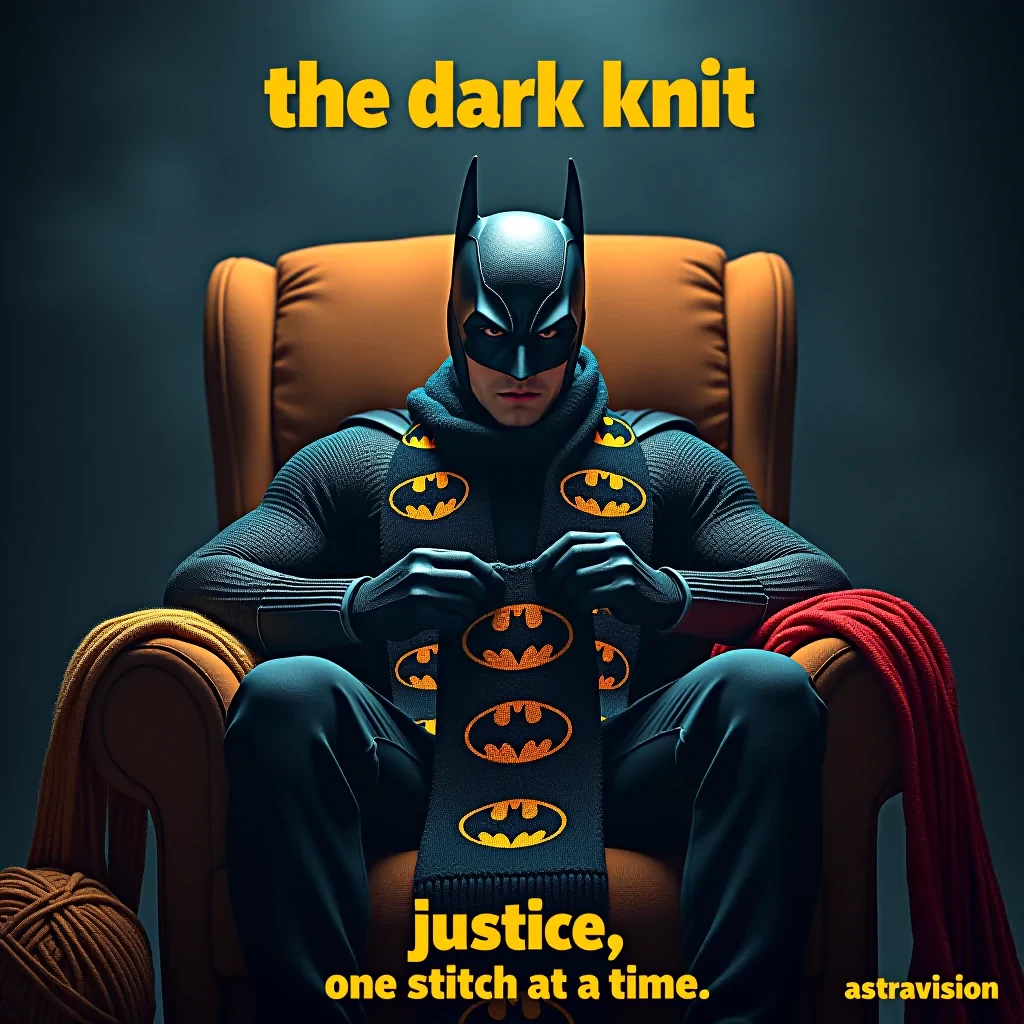movie poster. A masked superhero sitting in a cozy chair, knitting a long scarf with bat symbols, surrounded by yarn; cinematic movie poster, top text "The Dark Knit" bottom text "Justice... one stitch at a time". Small text "AstraVision" at bottom right corner, Cinematic, Studio, Colorful