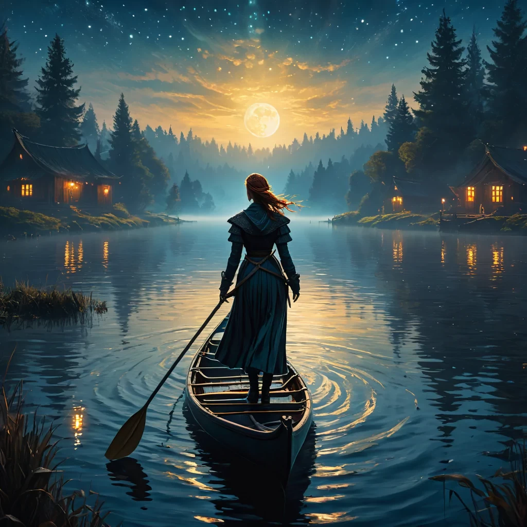 an oil painting of a fantasy Fae festival silhouette on Paddling in a quiet lake, style of van gogh, starry night vibes, expressionism, gloomy, dark tones, unforgettable, dark fantasy, fantasy, emotional depth. (vibrant masterpiece, (8k1.5), UHD, very detailed, high-quality, best artist, sharp edges, detailed textures, full view, atmospheric lighting, stunning visuals)