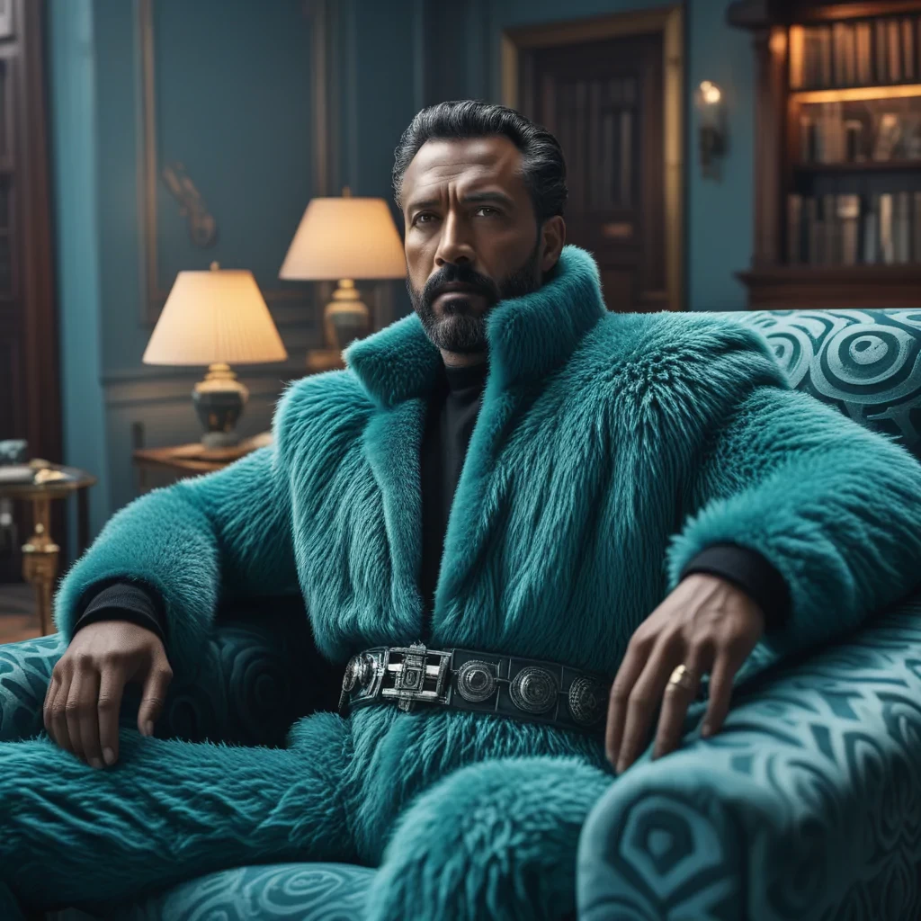 photograph, The man, with a floppy ears and piercing aquamarine eyes, sits in a harsh Nerdyfootstool, his wide-leg jumpsuit and clutch covered in intricate patterns of blue-green fur. He looks out at the vast expanse of space, his arms crossed as he studies his favorite robot, Cyborg. The scene takes place in a small, Victorian house in New York City. In the distance, at Sunset, horizon-centered, Cubo-futurism, Cinestill, Kodak UltraMax 400, perspective, (key visual, cinematic grey Color grading)