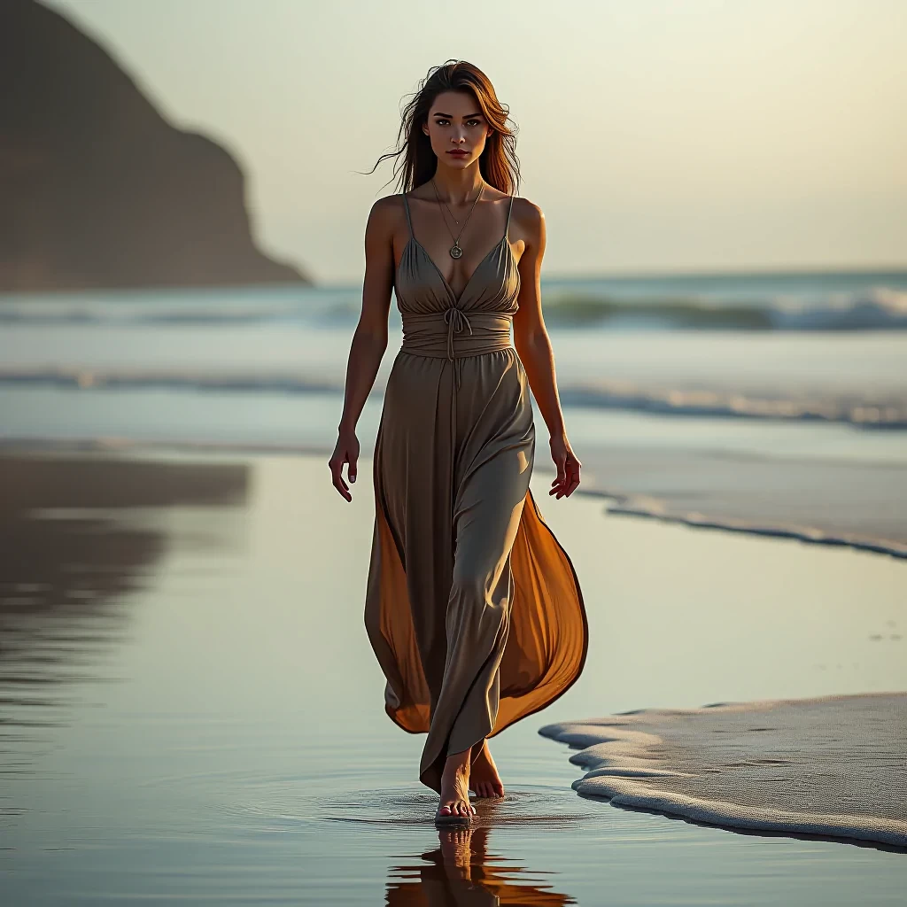 una persona caminando en la playa, realistic, portrait, art by donato giancola and greg rutkowski, realistic face, digital art, trending on artstation hyperrealistic, full body, detailed clothing, highly detailed, cinematic lighting, stunningly beautiful, intricate, sharp focus, f/1. 8, 85mm, (centered image composition), (professionally color graded), ((bright soft diffused light)), volumetric fog, trending on instagram, trending on tumblr, HDR 4K, 8K