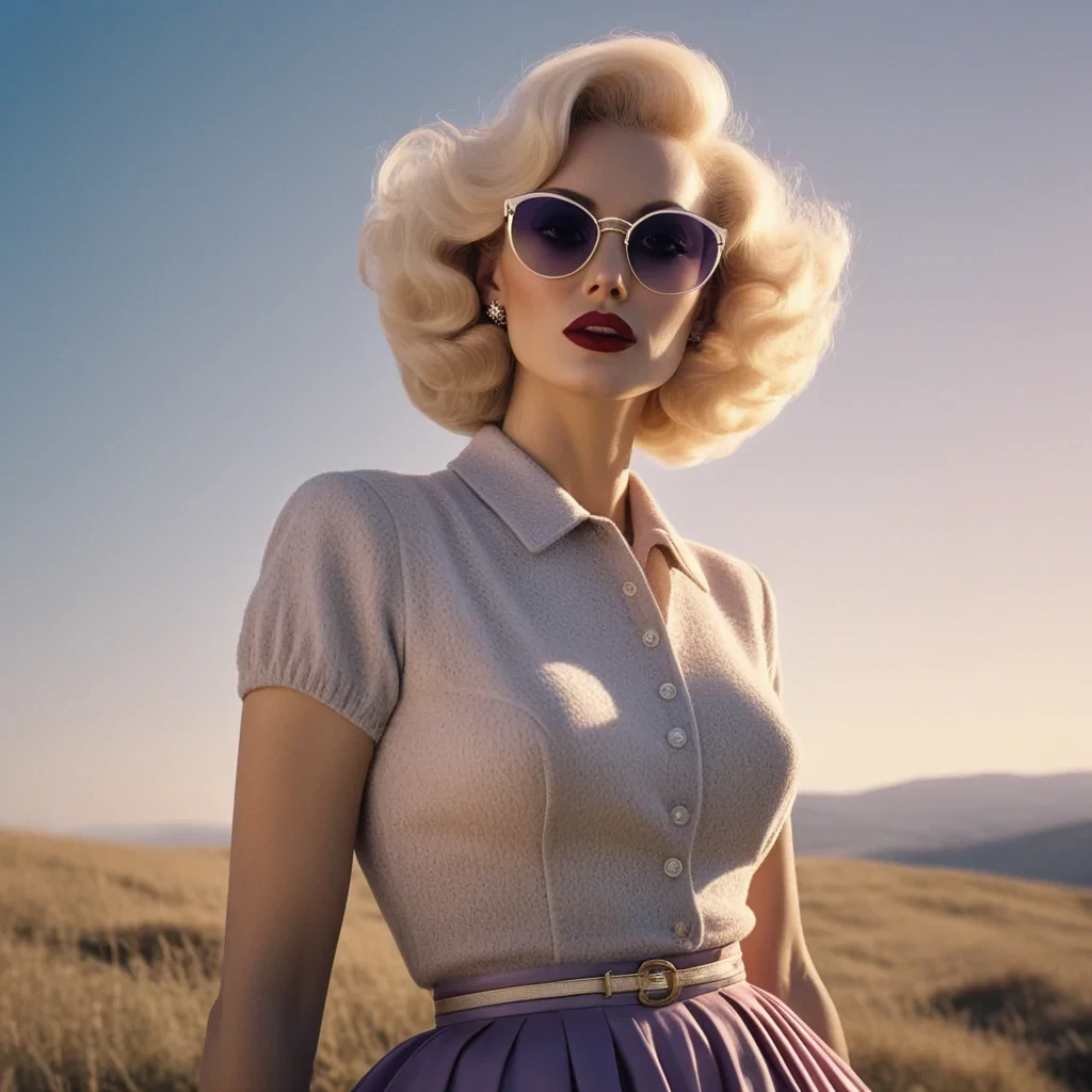 by Ken Loach, photograph, a captivating woman 1950s poodle skirtsed in her early 20s and blonde hair, wields an elegant Browline glasses, beckoning her viewers to take on the surreal landscape. The sun is shining brightly in the sky, casting a golden glow over the scene. Rough sketch, Grim, Animecore, Cold Lighting, double exposure, Kodak Ektar 100, F/5, sharp and in focus, (key visual, cinematic purple Color grading)