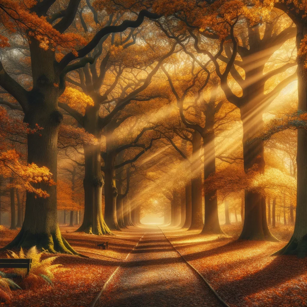 photograph, a path in the woods with leaves  and the sun shining , by Julian Allen, dramatic autumn landscape, ears, park, take off, peace, rich cold moody colours, hi resolution, oaks