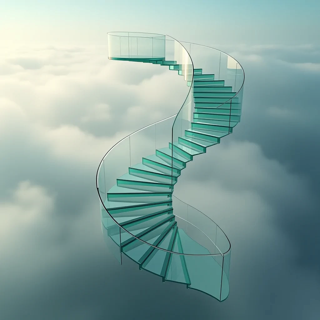 A spiraling, translucent glass staircase rises into a cloudy, dream-like sky, captured in ultra-realistic detail using a wide-angle tilt-shift lens. Shot with a Canon EOS R5, the scene bends reality as the staircase appears to float effortlessly among mist-covered islands, each step reflecting the soft light of the ethereal surroundings. The extreme sharpness of the staircase contrasts with the blurred, surreal quality of the background, creating a sense of dislocation and wonder. This hyper-realistic composition draws inspiration from the architectural photography of Julius Shulman, blending precise, sharp lines with the surrealist, otherworldly elements of Jerry Uelsmann’s photomontages. The play with perspective and scale adds a dreamlike quality to the otherwise ultra-detailed scene