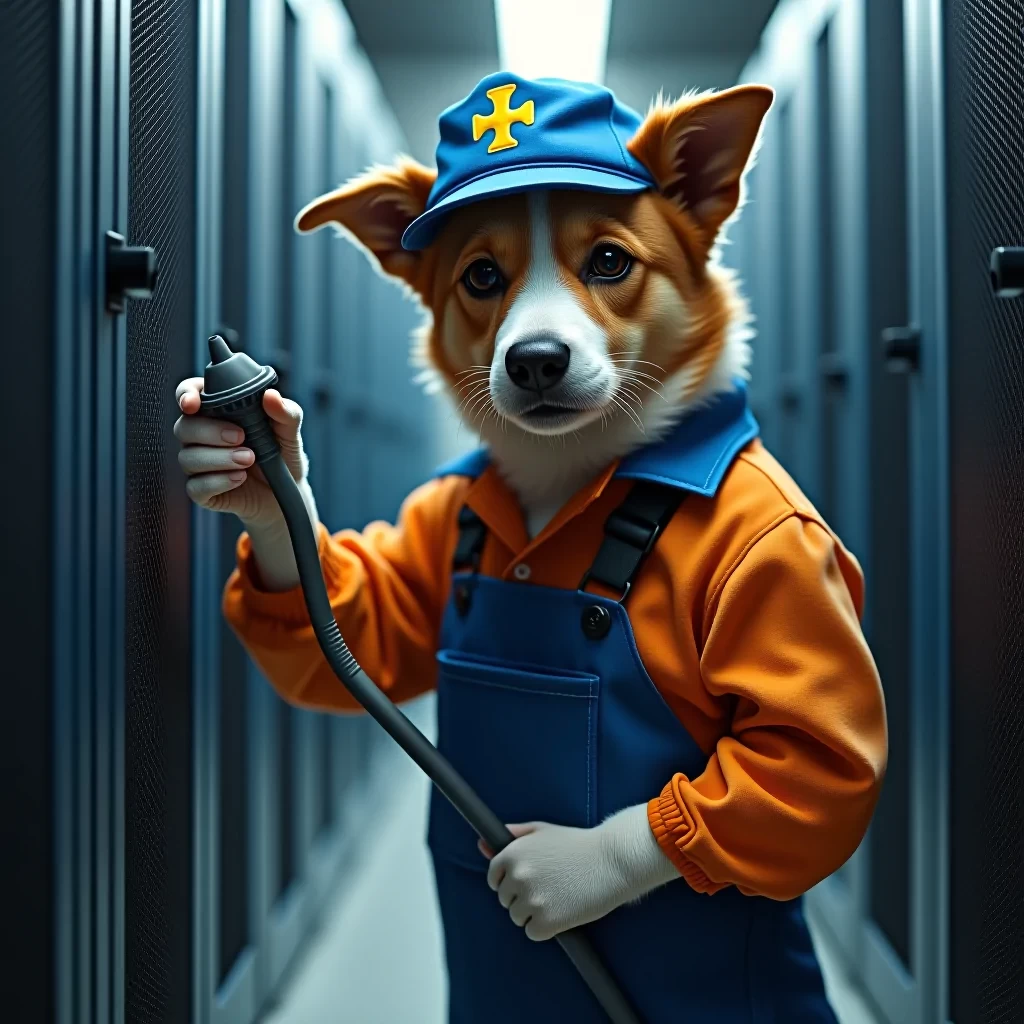 A dog dressed as a plumber trying to fix a computer server farm with a plunger, meme style, semirealistic, photography