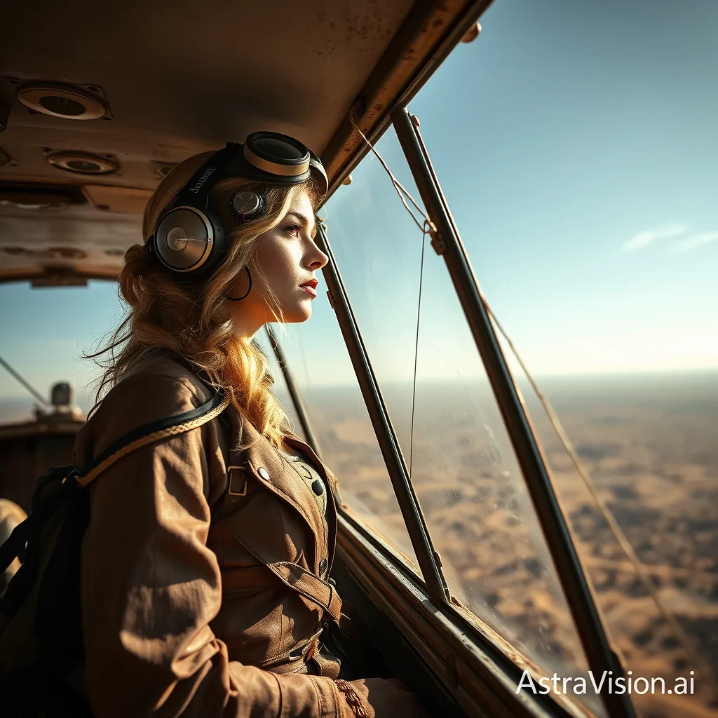 A magnificent long-shot image of a sexy, blond, European woman dressed in a steam-punk aviation attire, looking over a desolate wasteland from a weathered, vintage aircraft. Captured in high contrast, utilising the golden sector rule for dramatic effect with a Nikon D6 and a 70-200mm f/2.8 lens. there is written small text 'AstraVision.ai' at the bottom right corner.