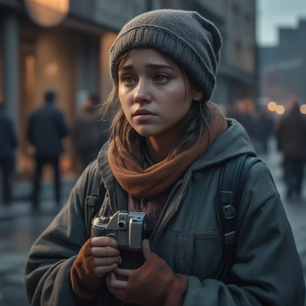 cinematic still Draw a homeless girl. emotional, harmonious, vignette, highly detailed, high budget, bokeh, cinemascope, moody, epic, gorgeous, film grain, grainy