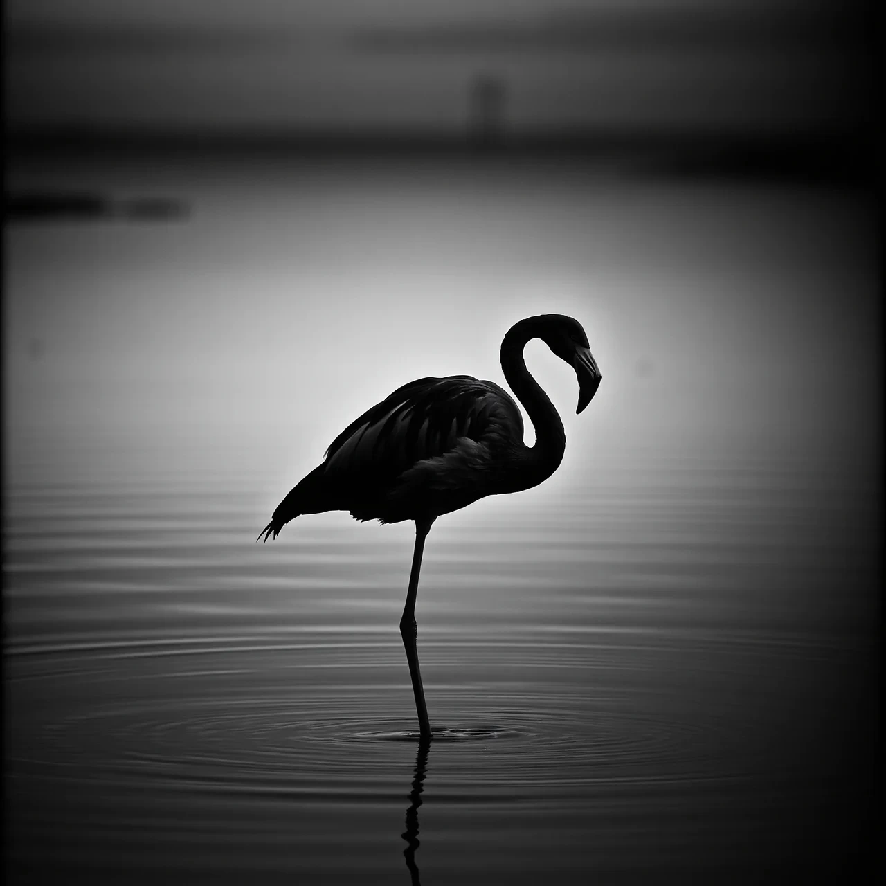A flamingo standing gracefully in shallow water at dusk portrayed in the stark, contrasting style of Film Noir, with dramatic chiaroscuro lighting and heavy use of shadows. The composition should evoke tension and mystery, relying on sharp angles and deep blacks to enhance the brooding, suspenseful mood.