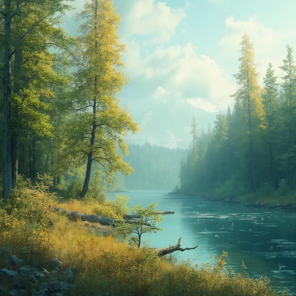 green and yellow trees rustic landscape, near a lake, in ice age, 8k --ar 2:3 --v 5 --s 750