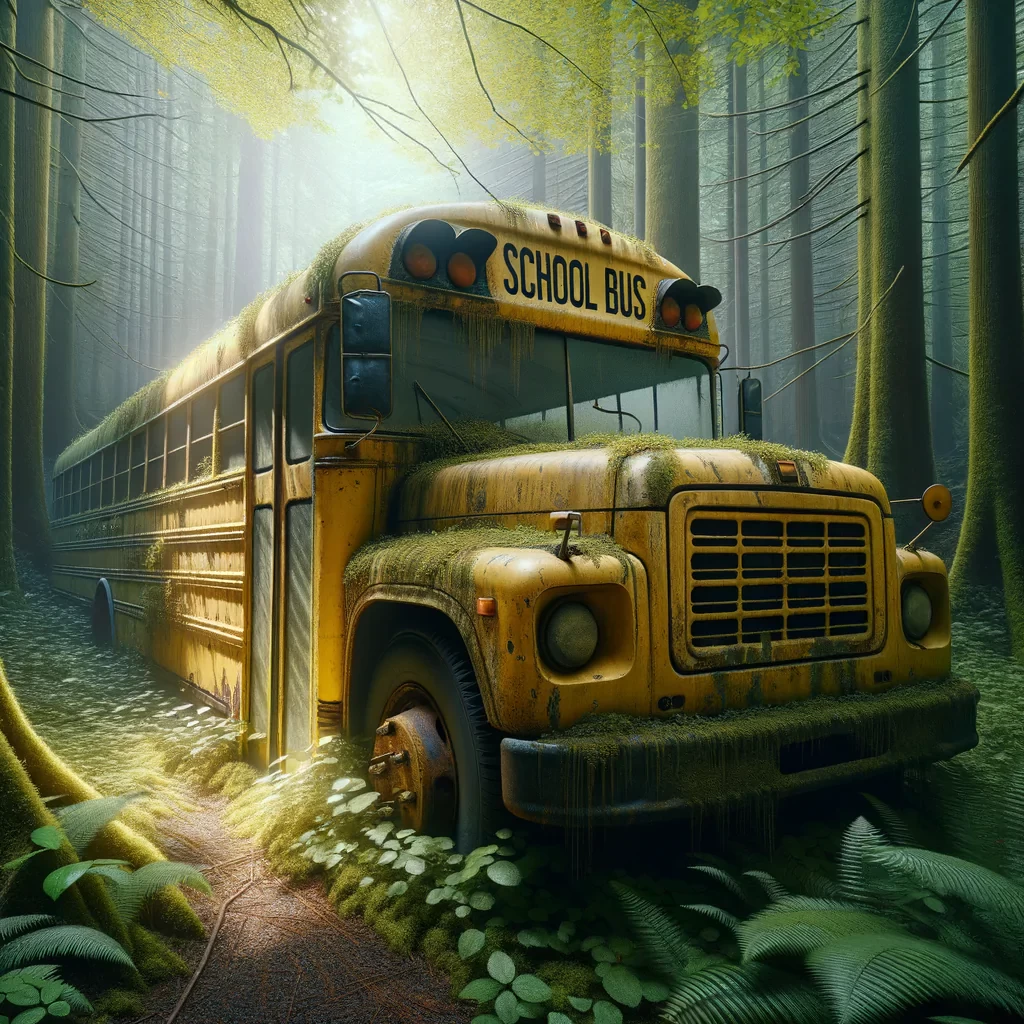 Old yellow school bus real photo from the front in the forest ultra realistic