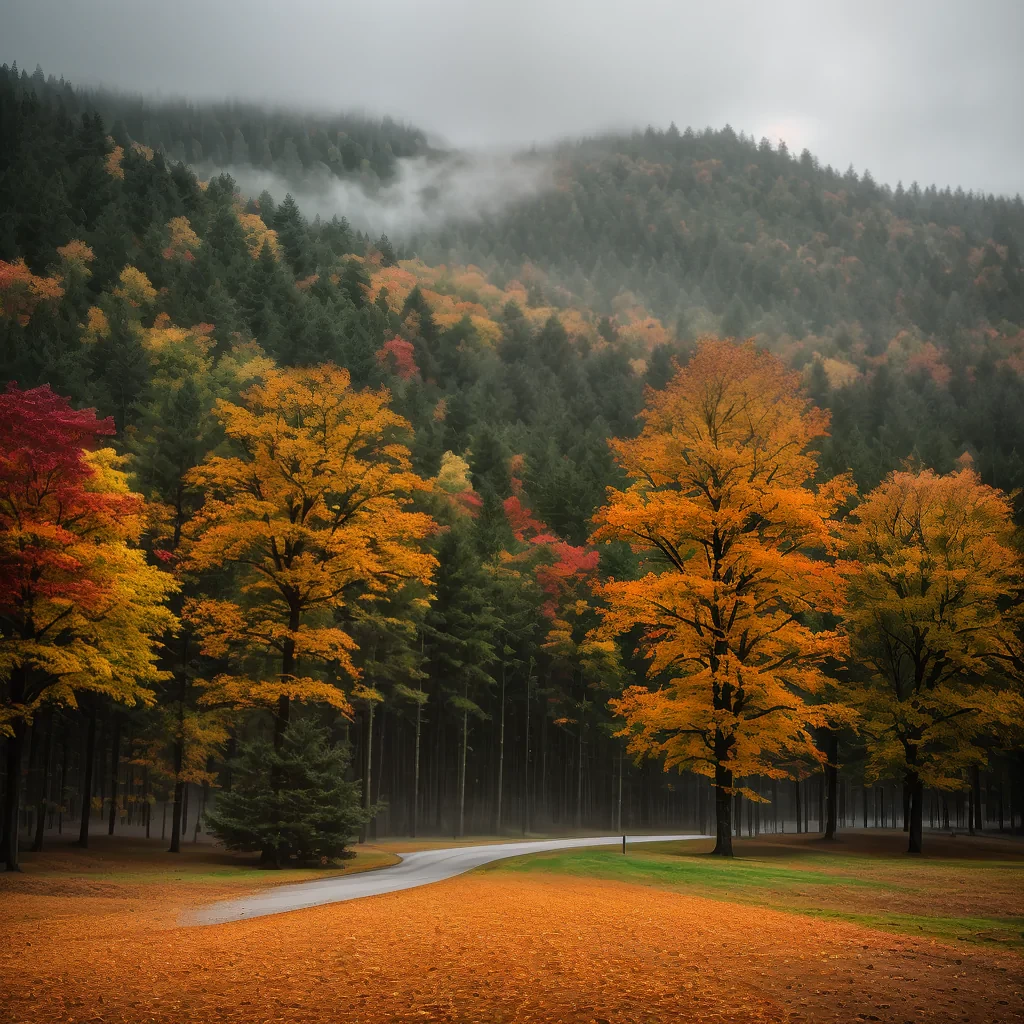 professional photo, photo of autumn landscape, dramatic lighting, gloomy, cloudy weather