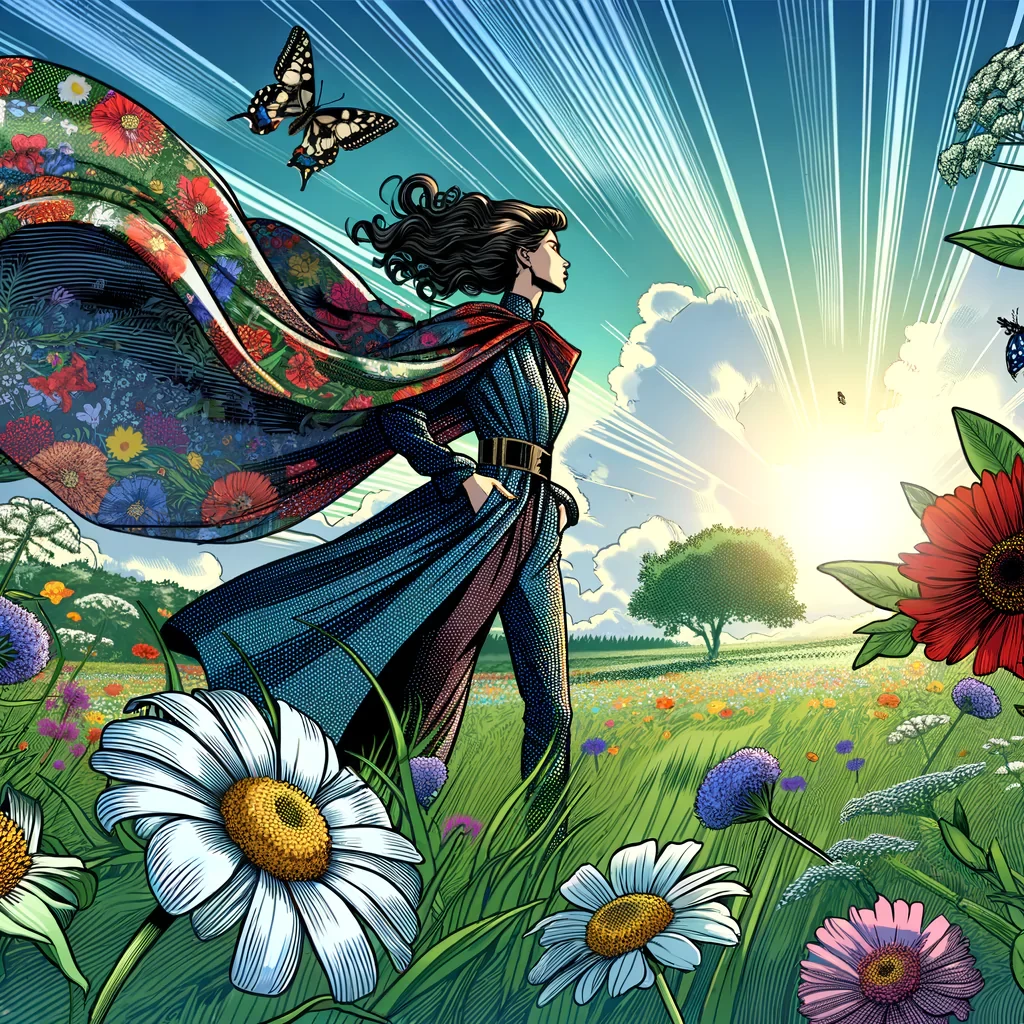 A dramatic comic book spread featuring a woman with a flowing cape standing in the middle of a vast, blooming meadow. Her long hair is tousled by the wind, and she wears a striking outfit that combines modern elegance with floral motifs. The meadow is alive with colorful flowers, ranging from delicate daisies to bold sunflowers, and the sky above is a clear, bright blue. Butterflies and bees buzz around, adding to the sense of life and beauty in nature. Her pose is heroic, with one hand on her hip and the other reaching out as if she is about to summon the power of nature