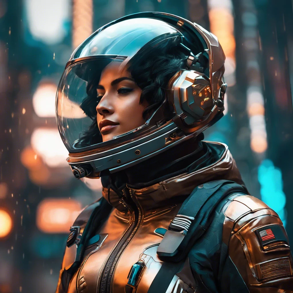 The player is wearing an astronaut helmet, in the style of cyberpunk dystopia, 32k uhd, womancore, bronze and amber, dreamlike settings, gorecore, ivan albrigh