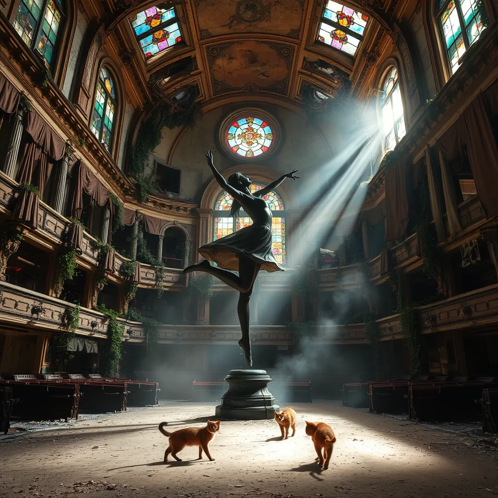 Inside the decaying grandeur of an abandoned opera house, the bronze dancer sculpture twirls as if brought to life by some invisible force. Sunlight filters through broken stained glass windows, casting a kaleidoscope of colors onto the dusty floor. Birds nest in the rafters, their quiet fluttering adding to the eeriness of the space. Vines creep through cracks in the walls, reclaiming the structure, while tattered curtains sway in the breeze from shattered windows. A lone stray cat prowls the aisles, curious but cautious, its movements captured in perfect detail. Shot in ultra-realistic style with a Nikon Z7 II, the fog swirls around the sculpture, adding an ethereal quality. Inspired by Sally Mann's atmospheric photography, this scene feels alive with subtle, almost ghostly movements, blending the stillness of decay with the quiet persistence of nature.