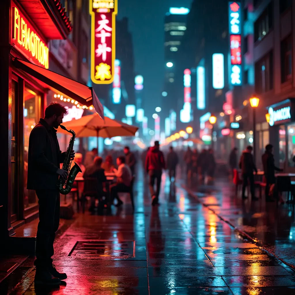 "A vibrant cinematic shot of a bustling urban nightlife scene. The streets are alive with activity as people crowd around bars and neon-lit cafes. The reflections of colorful neon signs ripple across the rain-slicked streets, creating a mesmerizing kaleidoscope of light. In the foreground, a musician plays a saxophone under a streetlamp, their silhouette framed against the glow. The background features towering buildings with illuminated windows, adding to the urban atmosphere. Hyperdetailed, intricately detailed, soft focus, HDR, 8k, cinestill 800, photography award-winner