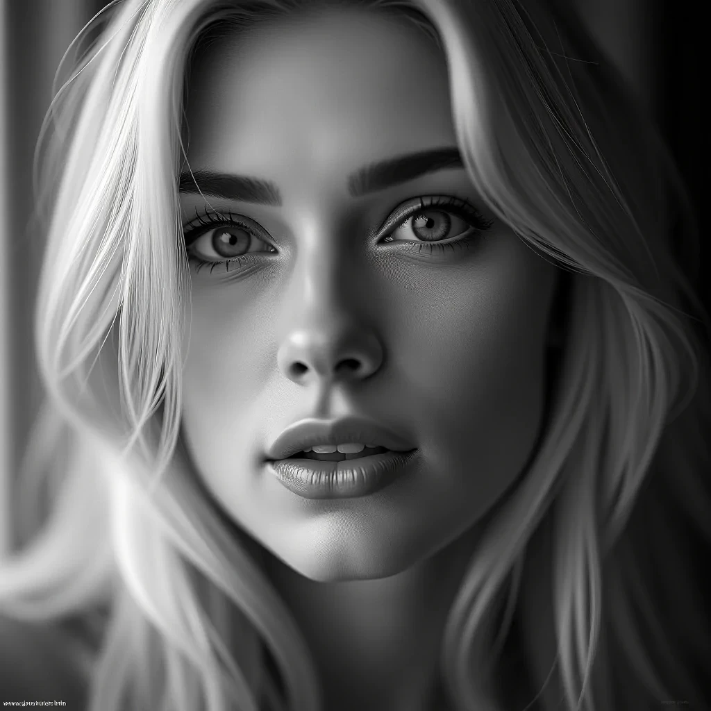 A pretty woman photograph in black and white, capturing a pretty blond European woman. with " Small text "AstraVision" at bottom right corner,