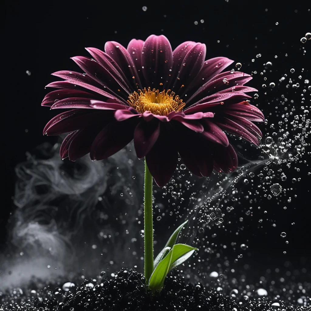 Black art nano splash evaporating flower particle implosion drop and micro splash on black damp background infinity