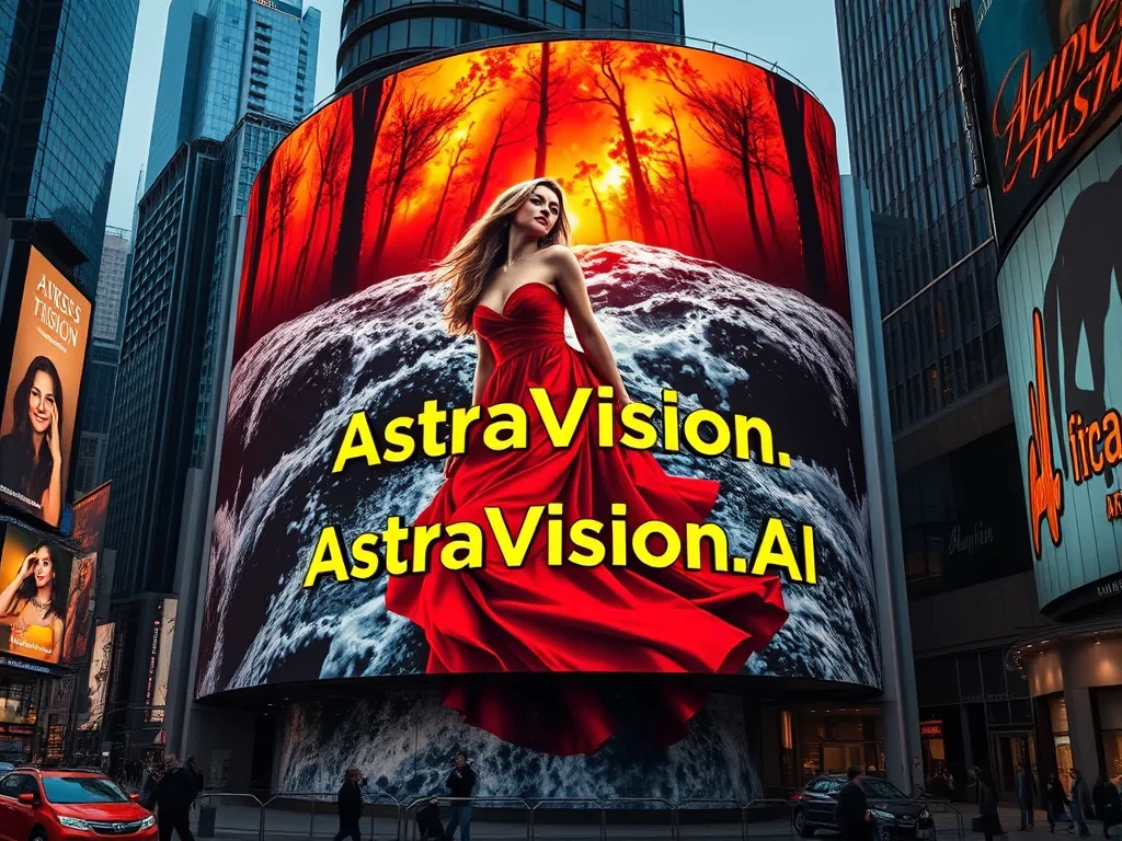 A giant curved billboard in times square, featuring a Russian woman in a long sensual red dress immersed in a flowing river, her hair is silky, illuminated by forest fires in the background. the text says "AstraVision AI" in bold yellow color