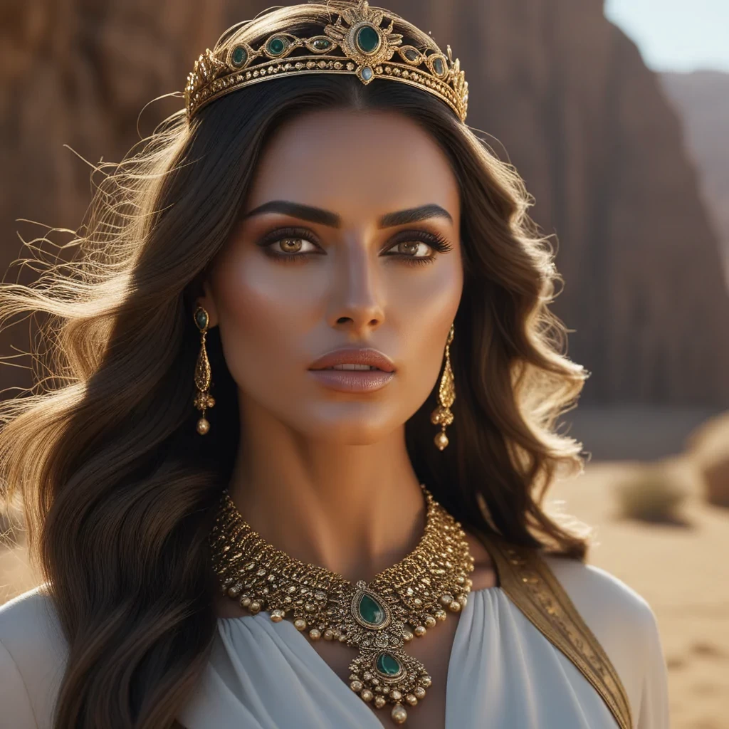 Queen of arabia, utter beauty, perfect features, long hair, hazel eyes, detailed, 4k,, Cinematic