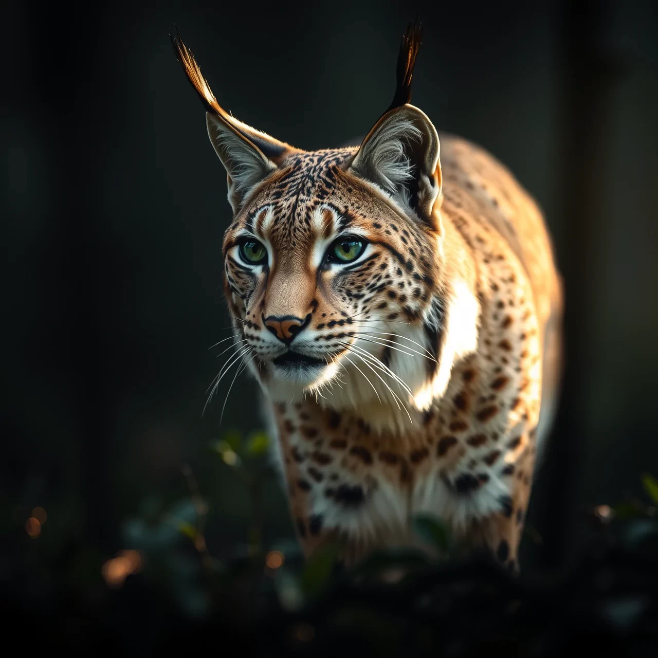 close-up professional photograph of a lynx lit by moody harsh lighting in the middle of a forest