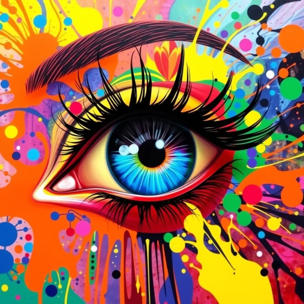 A vibrant and colorful artistic representation of an eye. The eye is the central focus, with its iris exhibiting a spectrum of colors ranging from reds to blues. Surrounding the eye are abstract patterns and shapes in a myriad of colors, including oranges, yellows, greens, and blues. Some of these patterns resemble fluid or paint splatters, while others have a more structured, almost psychedelic appearance. The eye's eyelashes are prominently depicted, and they seem to be made of thick, black strands. The overall feel of the image is dynamic, energetic, and evocative of intense emotion or creativity