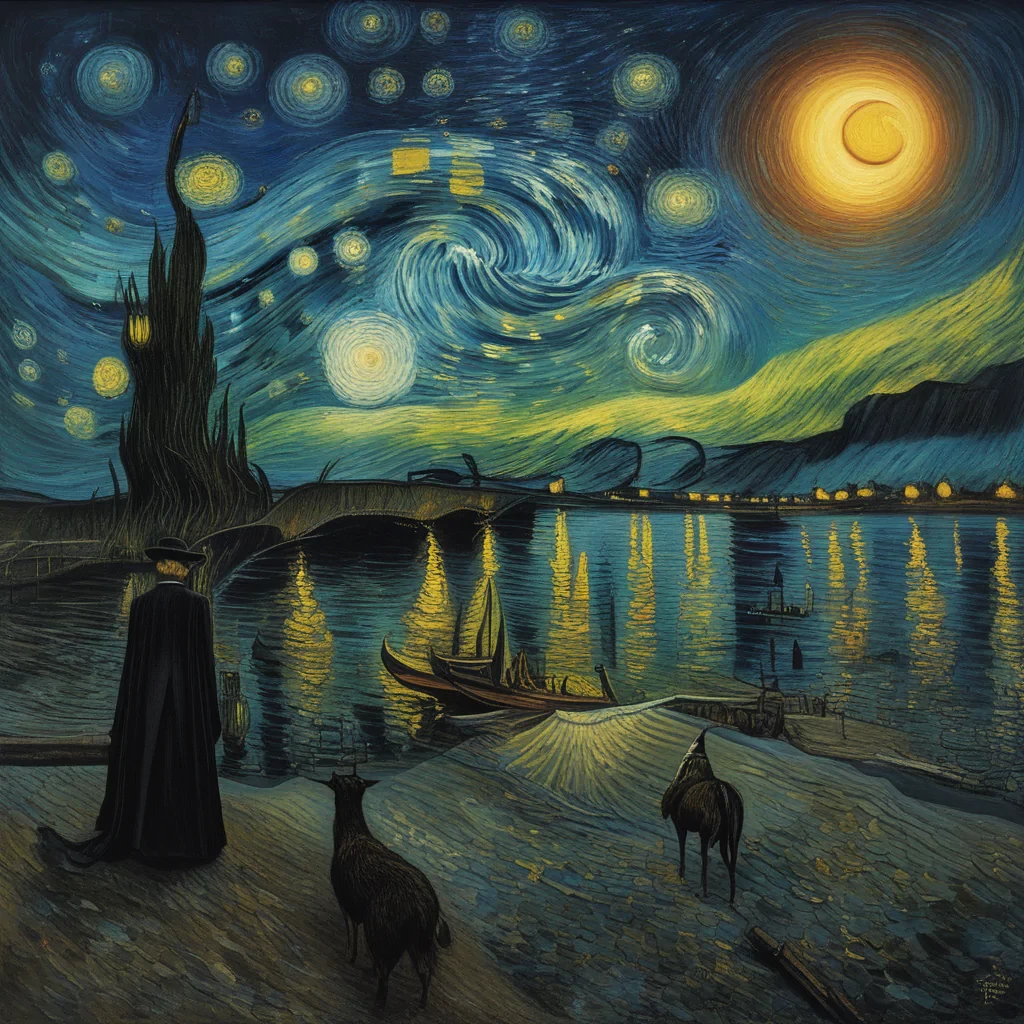 A (((dreamlike scene))) where the swirling (((cosmic colors of Vincent van Gogh's Starry Night))), the surreal (((celestial precision of Salvador Dali's universe))), and the atmospheric skies of J.M.W. Turner's paintings intertwine, with a (((fantastical creature))) at its core, incorporating the whimsy of Hieronymus Bosch's creatures, the organic flow of Alphonse Mucha's art nouveau lines, and the biomechanical touch of H.R. Giger's style, all in a full spectrum of vibrant colors that defy the boundaries of reality