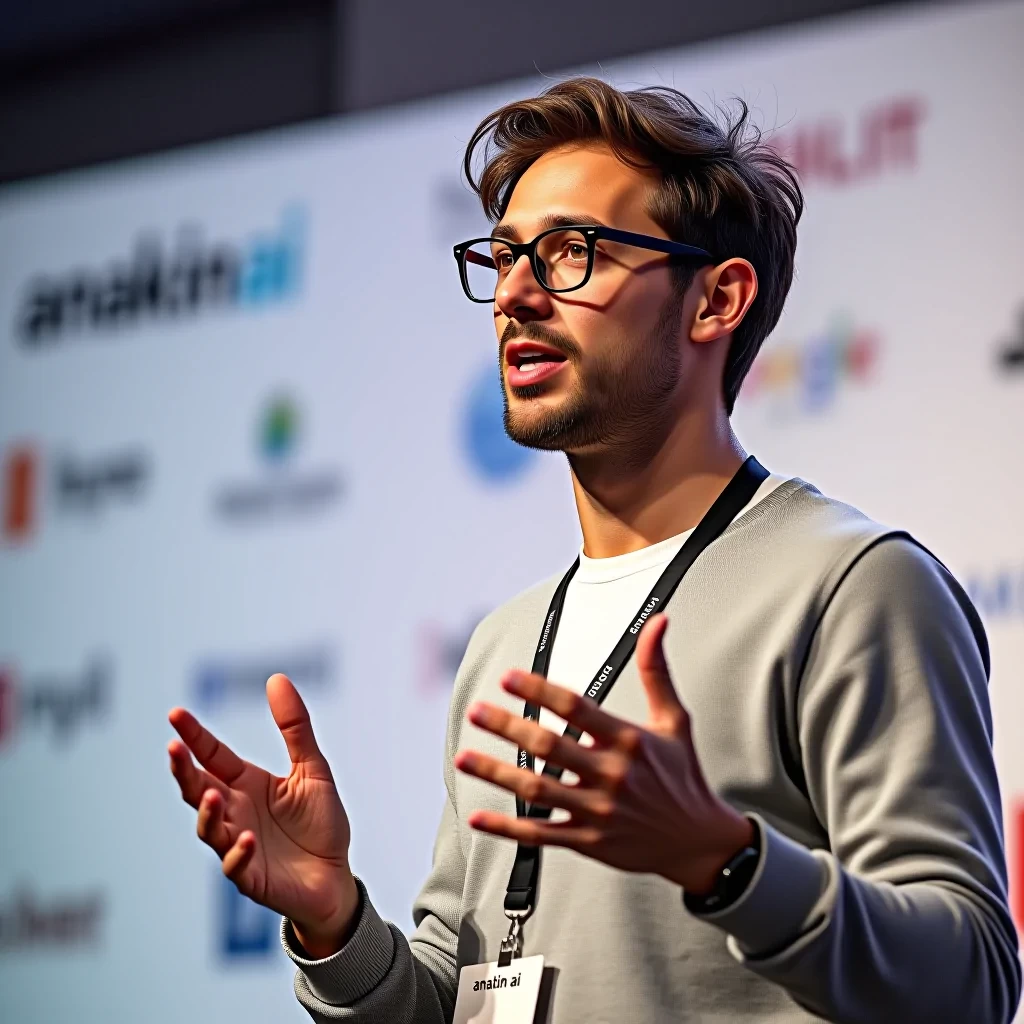 A charismatic speaker is captured mid-speech. He has short, tousled brown hair that's slightly messy on top. He has a round circle face, clean shaven, adorned with rounded rectangular-framed glasses with dark rims, is animated as he gestures with his left hand. He is holding a black microphone in his right hand, speaking passionately.  The man is wearing a light grey sweater over a white t-shirt. He's also wearing a simple black lanyard hanging around his neck. The lanyard badge has the text "Anakin AI".  Behind him, there is a blurred background with a white banner containing logos and text (including Anakin AI), a professional conference setting.