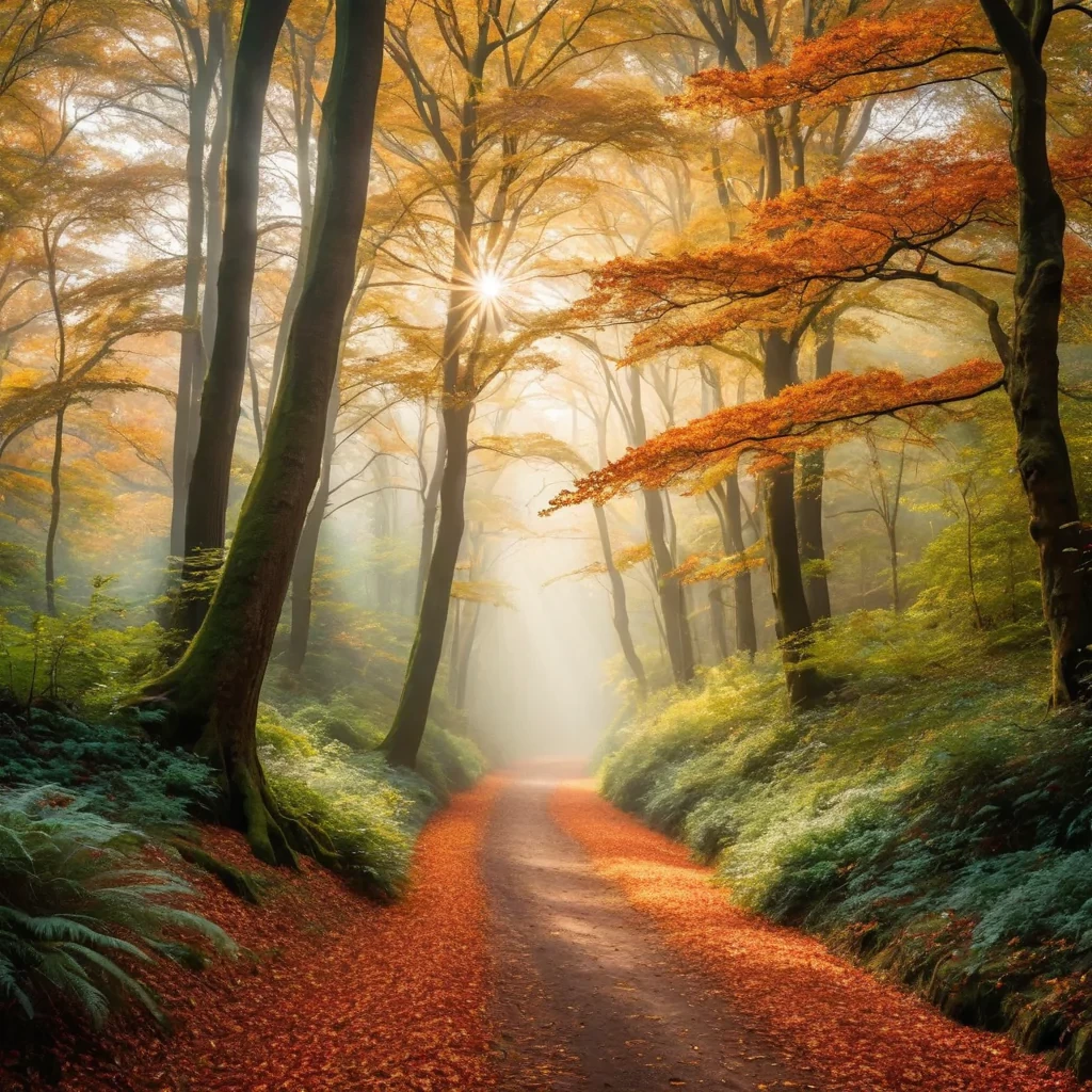 photograph, a path in the woods with leaves  and the sun shining , by Julian Allen, dramatic autumn landscape, ears, park, take off, peace, rich cold moody colours, hi resolution, oaks