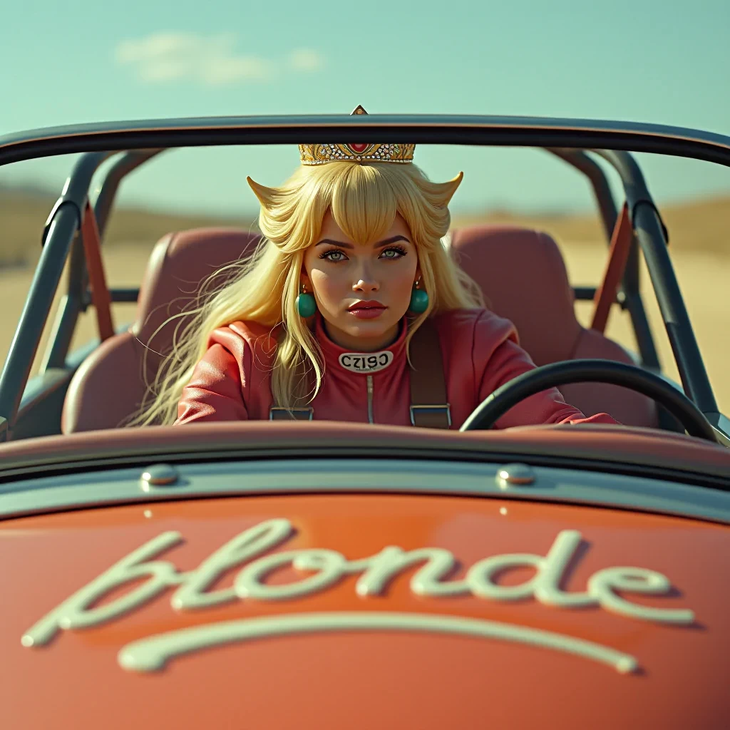 Detailed, masterpiece, professional, bold colors, awe inspiring, photography inspired by Jeremy Mann, 30mm shot, action scene, HDR, Princess Peach racing in dune buggy, realistic, gritty, cinematic, dystopian, realistic skin texture, real life,, "basic blonde" writen on hood of car, bejeweled writing, wearing road leathers, driving