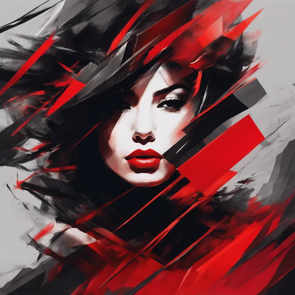 abstract female portrait,undefined hair,red and black color palette,blurred boundaries,upper body,fragmented visual style,evokes feelings of rebellion and passion