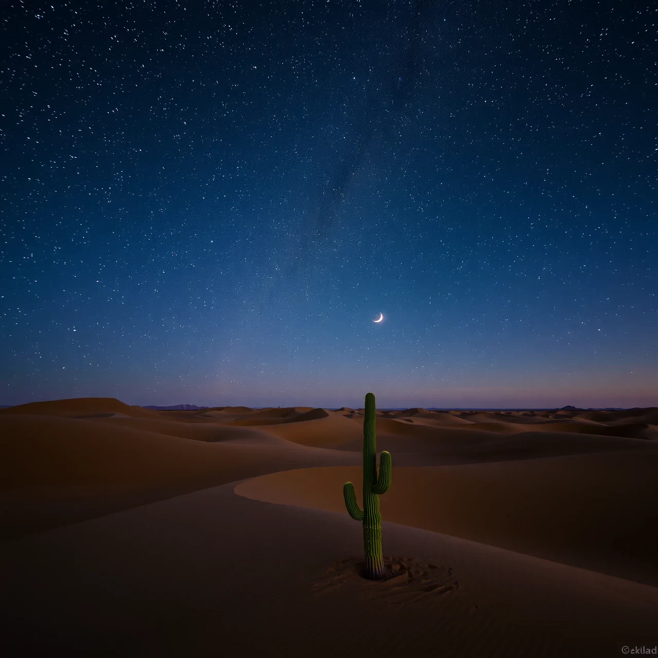 A vast desert landscape under a clear, starry night sky. The sand dunes form gentle curves, illuminated by the faint light of the crescent moon. A lone cactus stands in the foreground, while the Milky Way is vividly visible, stretching across the dark sky, creating a sense of quiet solitude and wonder