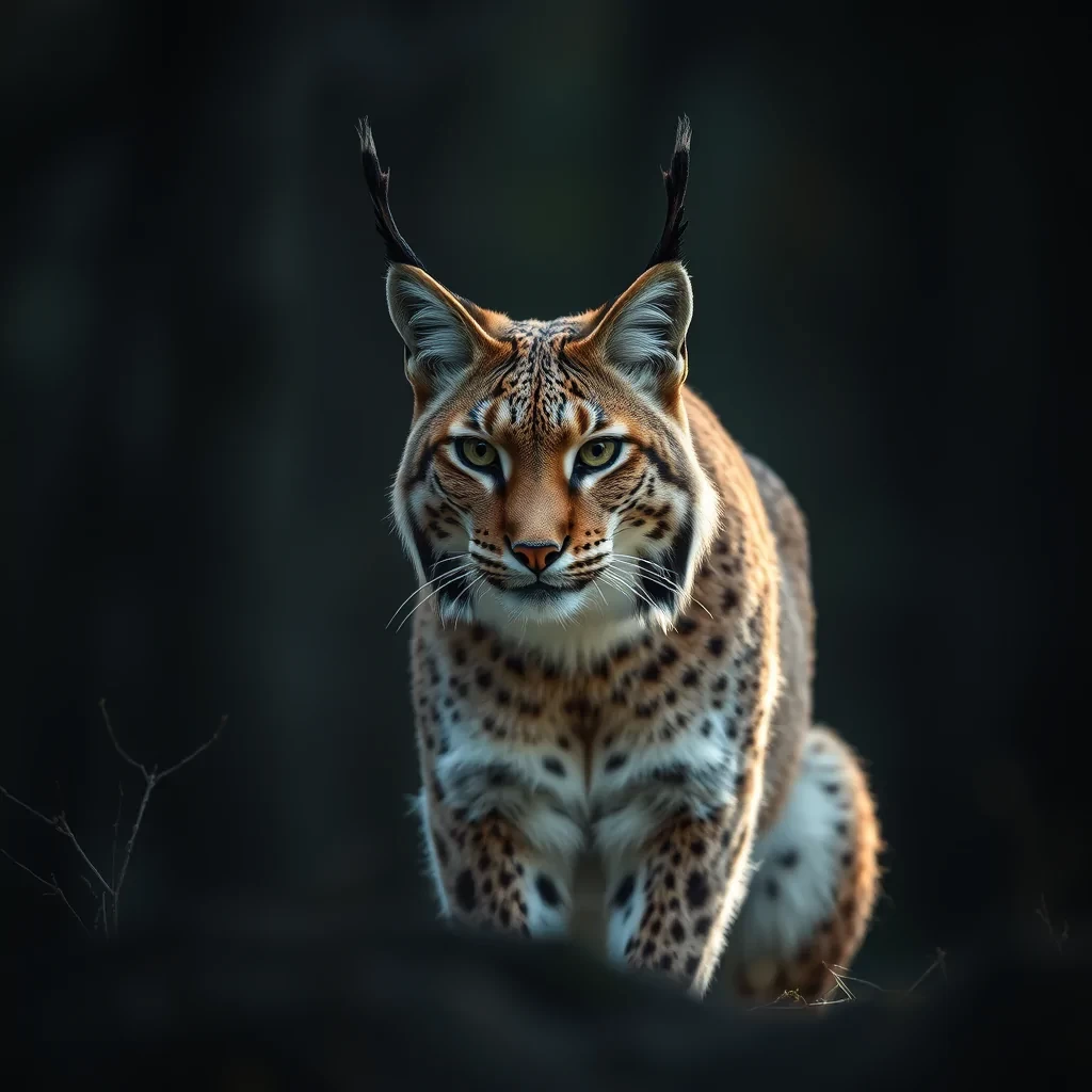 professional photograph of a lynx lit by moody harsh lighting in the middle of a forest