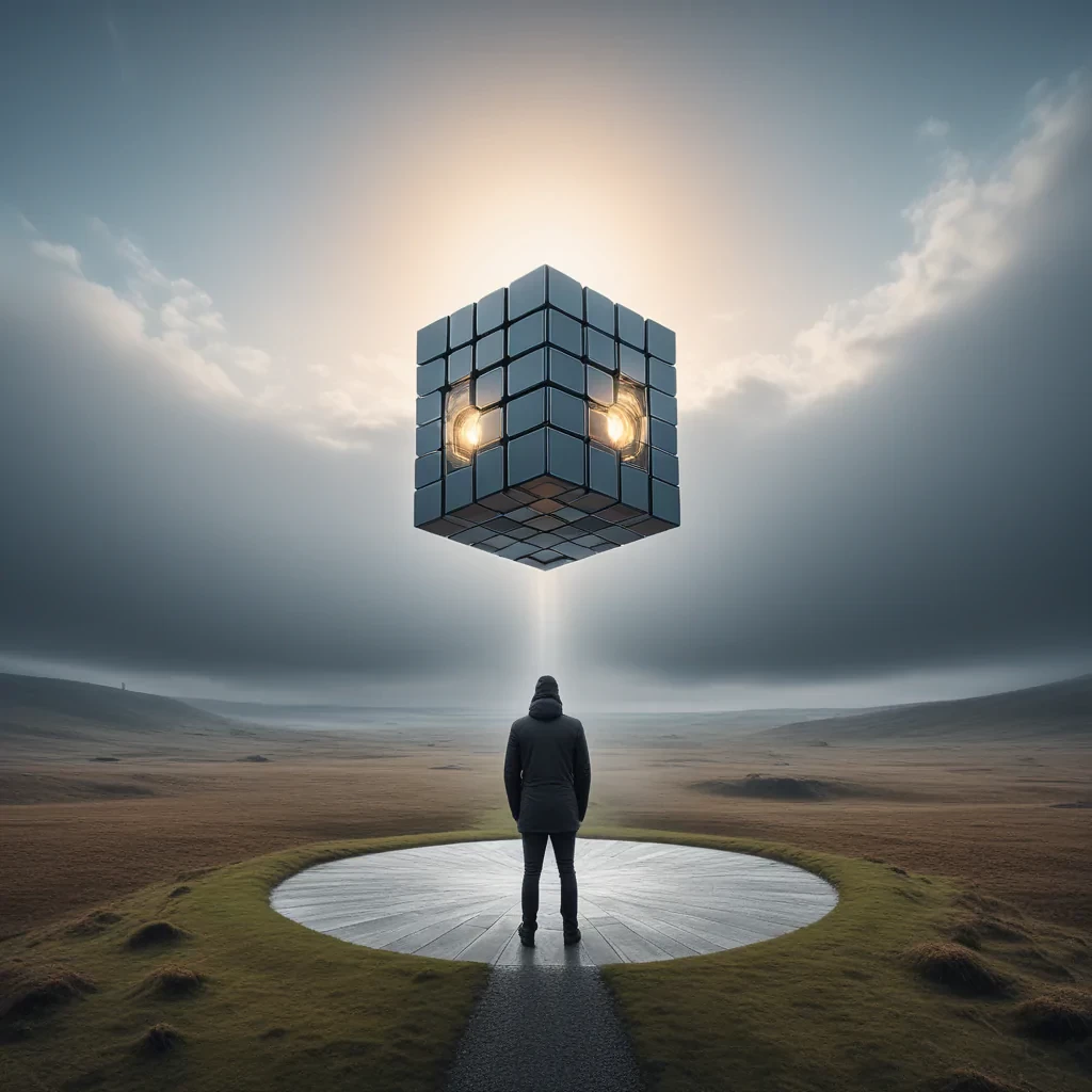 small centered composition, product shot, plain background, designed by Matthias Jung and Andy Fairhurst, wallpaper art, in the center is an image of a Cubo-futurism, "The Icon of Radiance", Peaceful, surreal, monster, zen, grim