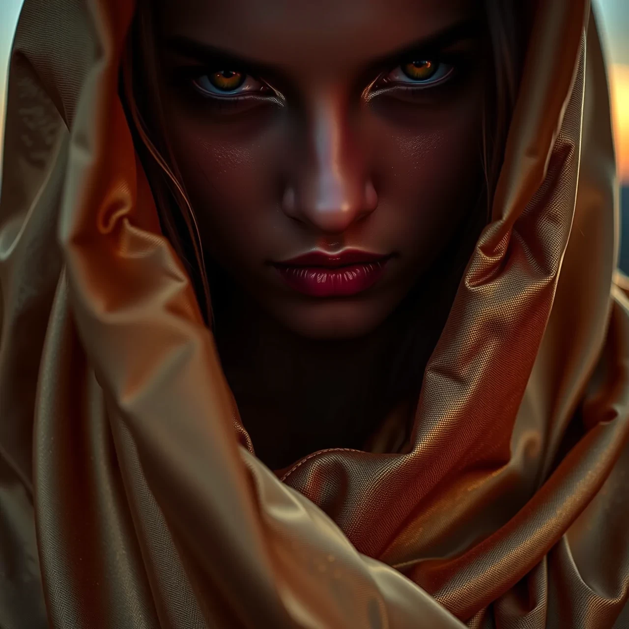 A deeply sensual, close-up view of a woman, sharp facial features outlined by the twilight, hinting at her nudity beneath a gilded cloak. Her hypnotic eyes express an inviting secret. Shot with a  Nikon D5 and a 85mm f/1.4 lens.