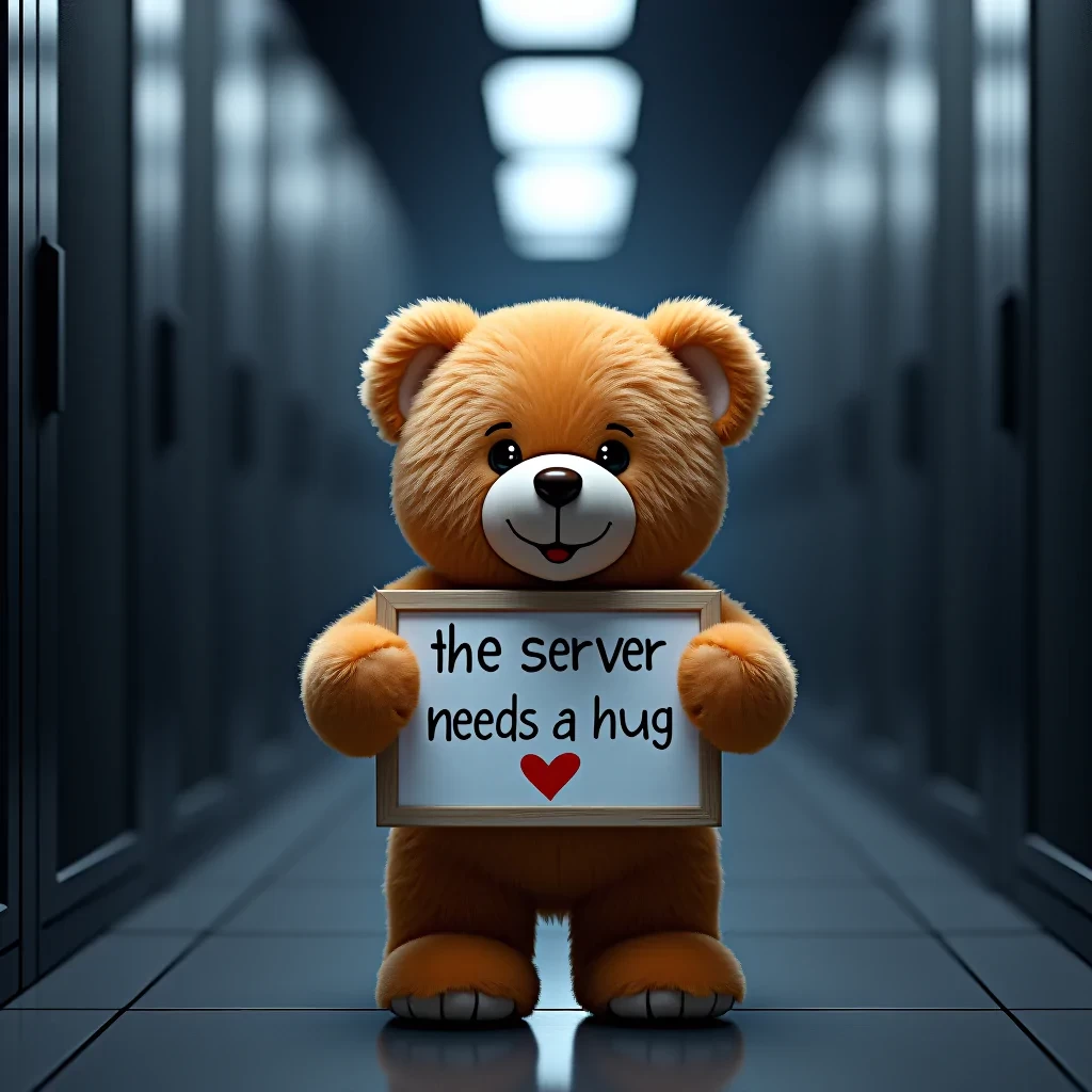 The cutest little teddy bear standing in a server room, holding a sign with the text: "The server needs a hug ❤️" deep depth of field, photography, Natural geographic photo, Hyper-realistic, 16k resolution, (masterpiece, award winning artwork), many details, extreme detailed, full of details, Wide range of colors, high Dynamic,