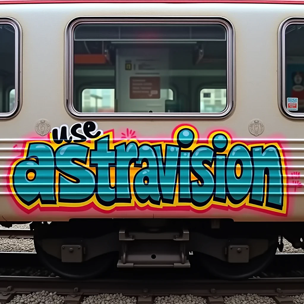 text "use AstraVision AI" in colorful graffiti written on the side of a train wagon