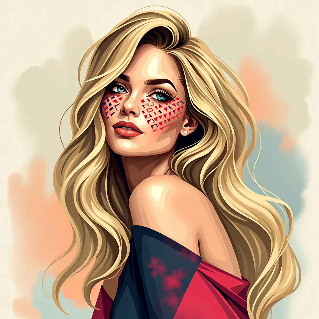 A stunning, modern art depiction of a blonde woman with soft, flowing hair, her beauty captured in abstract geometric shapes and bold, vibrant colors. Her features are delicately outlined with intricate patterns, blending realism with artistic expression. The background is a minimalist blend of soft pastels and textured brushstrokes, emphasizing her graceful silhouette and serene expression. The overall composition exudes elegance and sophistication, celebrating both her beauty and the creativity of modern art.