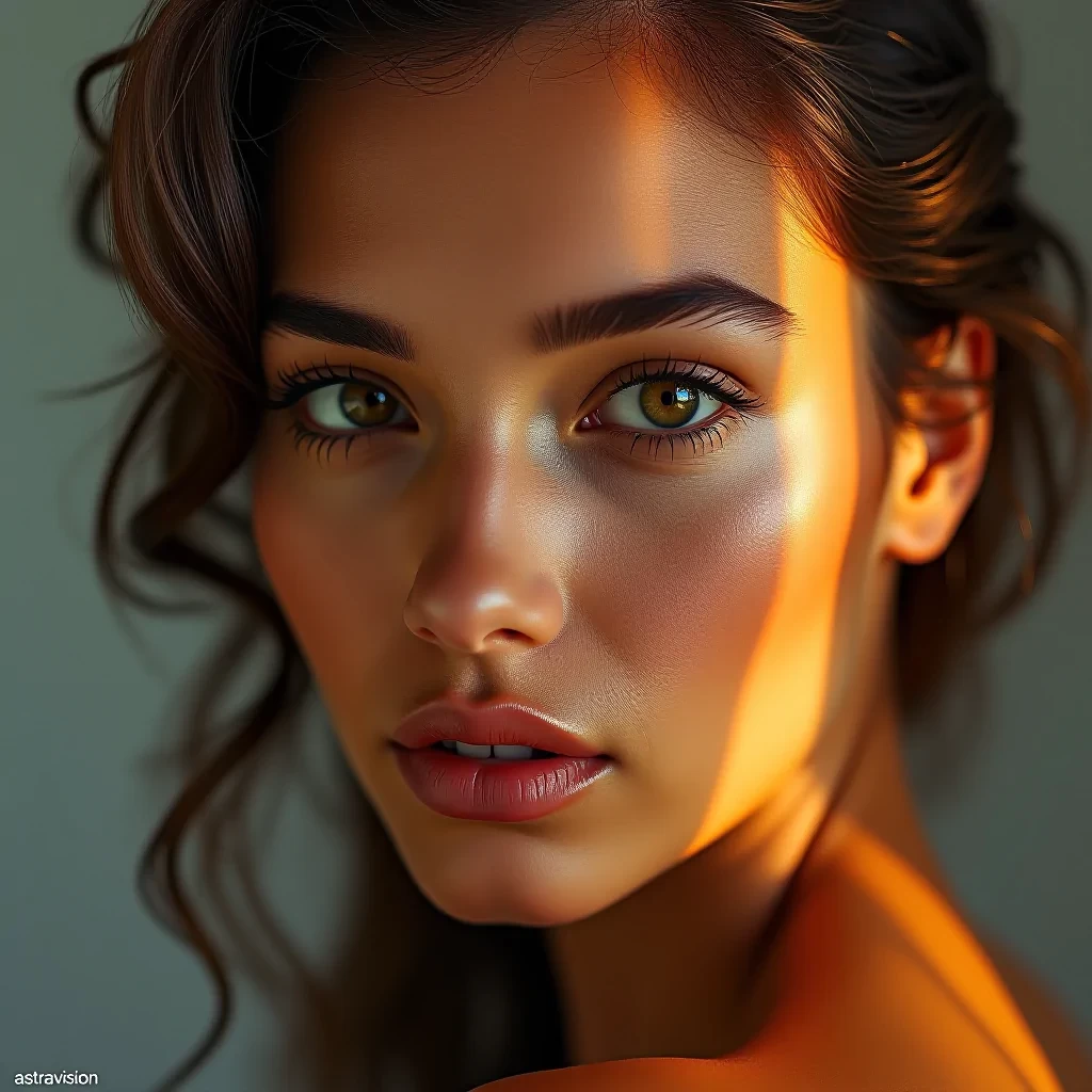 A stunningly extreme, beautiful woman, with the most gorgeous, radiant skin ever, captured in a digital photograph by a Fujifilm XT3. there is a small text "AstraVision" at bottom right corner