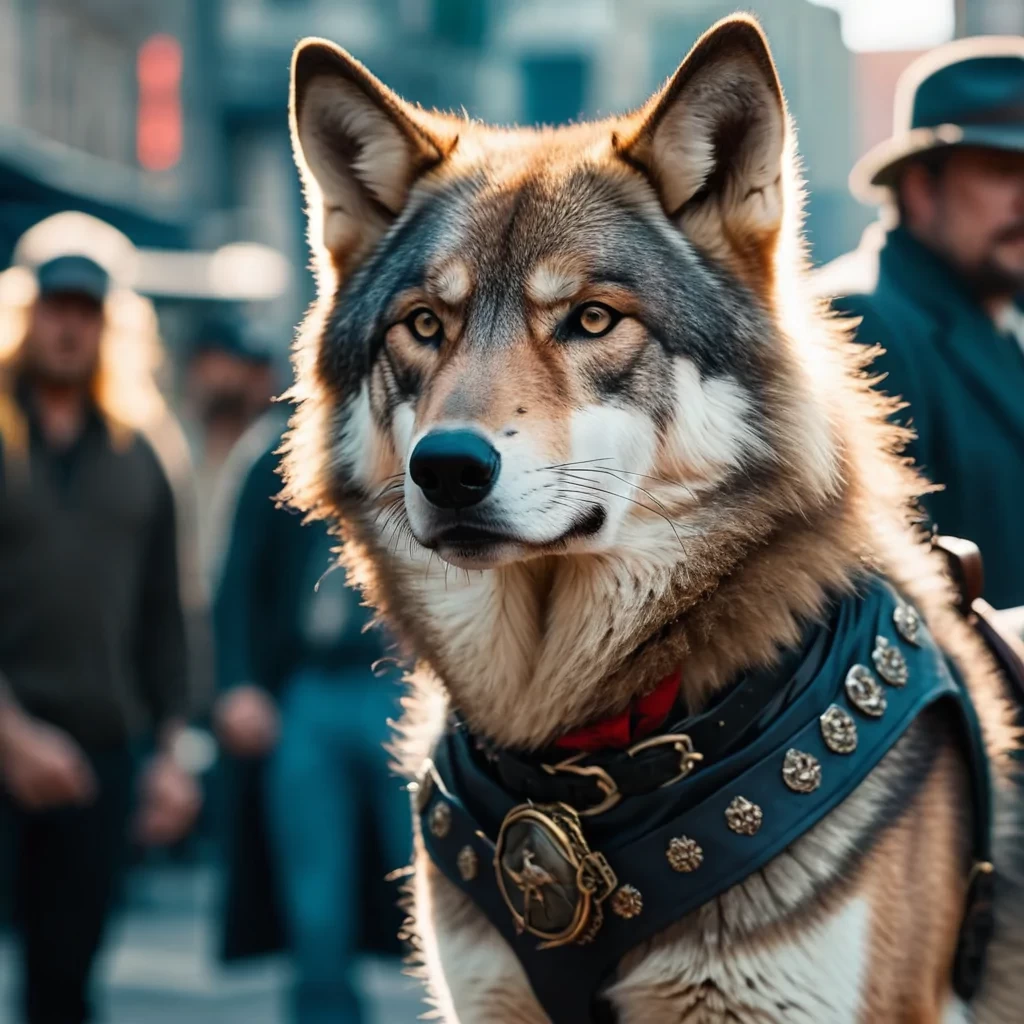 A cunning and street-smart wolf, skilled in the art of thievery and adventure, leading a misfit group of animal outlaws on a quest for redemption and treasure, real photography fujifilm superia, full HD, taken on a Canon EOS R5 F1.2 ISO100 35MM, Hollywood's glamour style, the color palette is muted and subdued