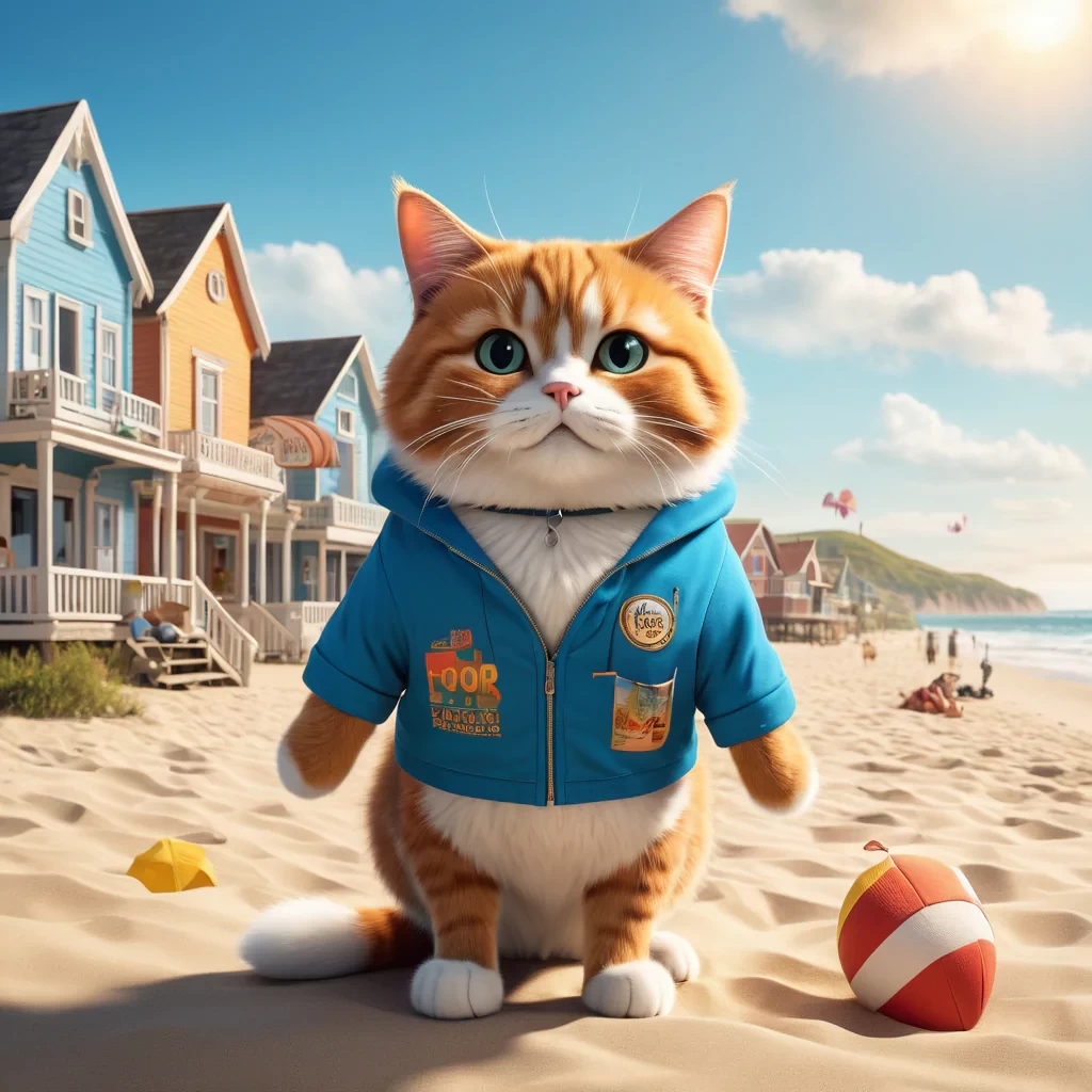 (Movie poster), (Text "Paws"), featuring a giant mischievous cat looming over a beachside town, style cartoonish, mood whimsical and playful, colors bright and eye-catching, setting sunny beach day.