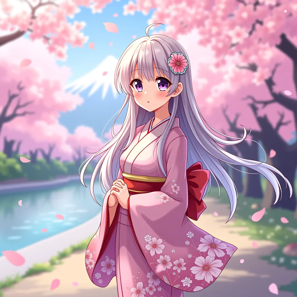 A gorgeous anime-style girl standing in a peaceful cherry blossom garden during spring. She has large, expressive eyes filled with emotion, long flowing pastel hair, and a graceful figure. Her traditional kimono is adorned with delicate floral patterns, and soft petals swirl around her in the gentle breeze. The background features a river reflecting the pink hues of the blossoms and a distant mountain. The overall color palette is soft and dreamy, with a focus on beauty and serenity, creating a magical, peaceful atmosphere