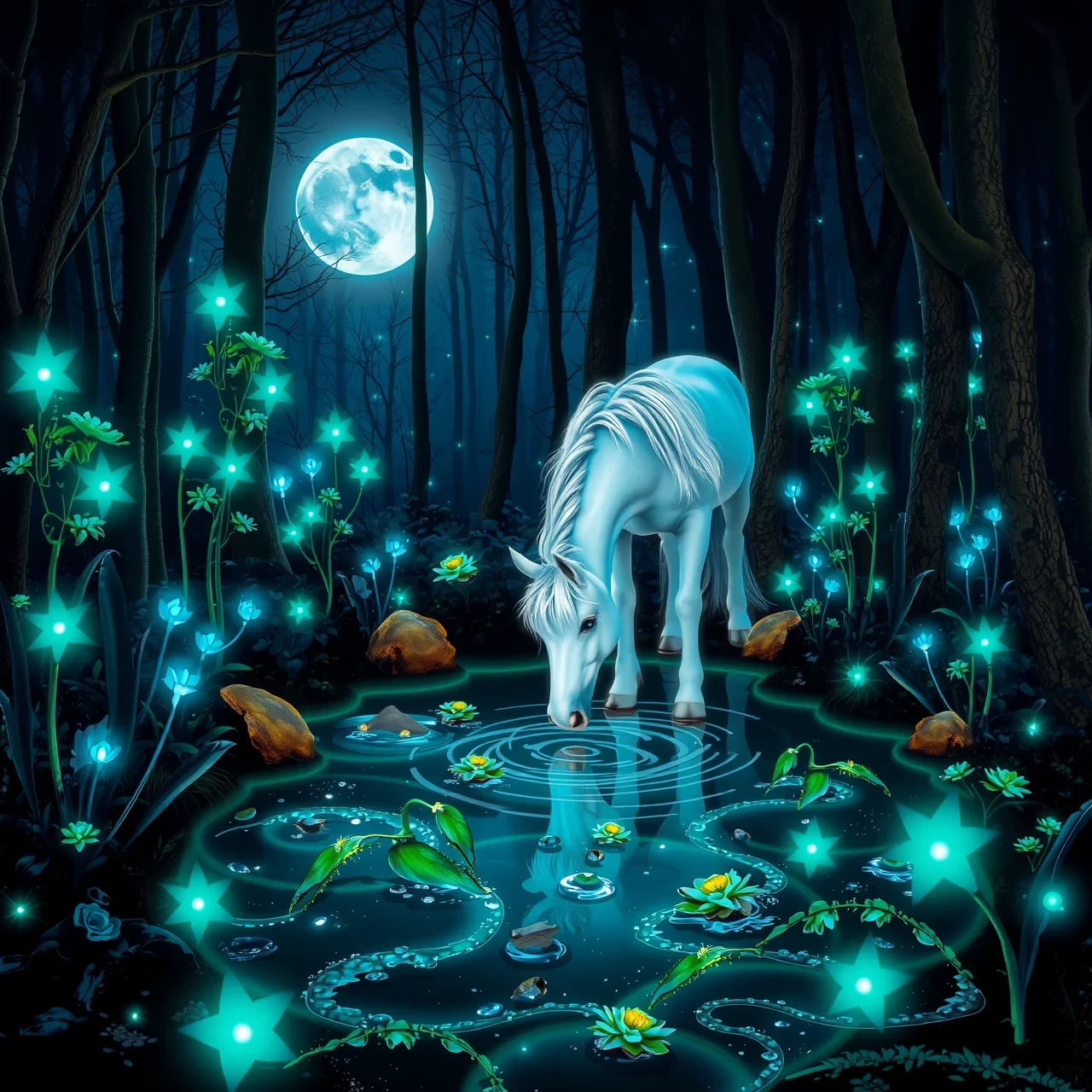 A mystical forest with bioluminescent plants glowing in shades of blue and green. In the center, a unicorn with a shimmering silver mane drinks from a clear, sparkling pond. The scene is illuminated by the soft, ethereal light of a full moon, creating an enchanting, magical atmosphere