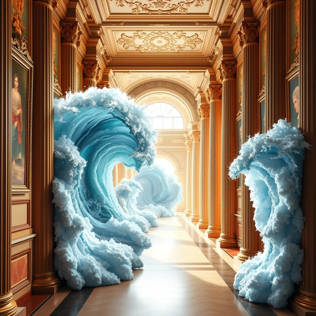 Create a hyper-realistic scene of a grand, classical hallway inside an opulent palace. The hallway is lined with towering columns and adorned with ornate, gilded paintings on the walls. Massive, powerful ocean waves surge through the corridor, crashing against the columns and splashing onto the walls. The waves are larger and more dramatic, reaching nearly halfway up the pillars, with foamy crests reflecting the bright light streaming in from an arched opening at the far end. The scene combines the elegance of the grand architecture with the raw power of the sea, creating a surreal, intense atmosphere of awe and wonder