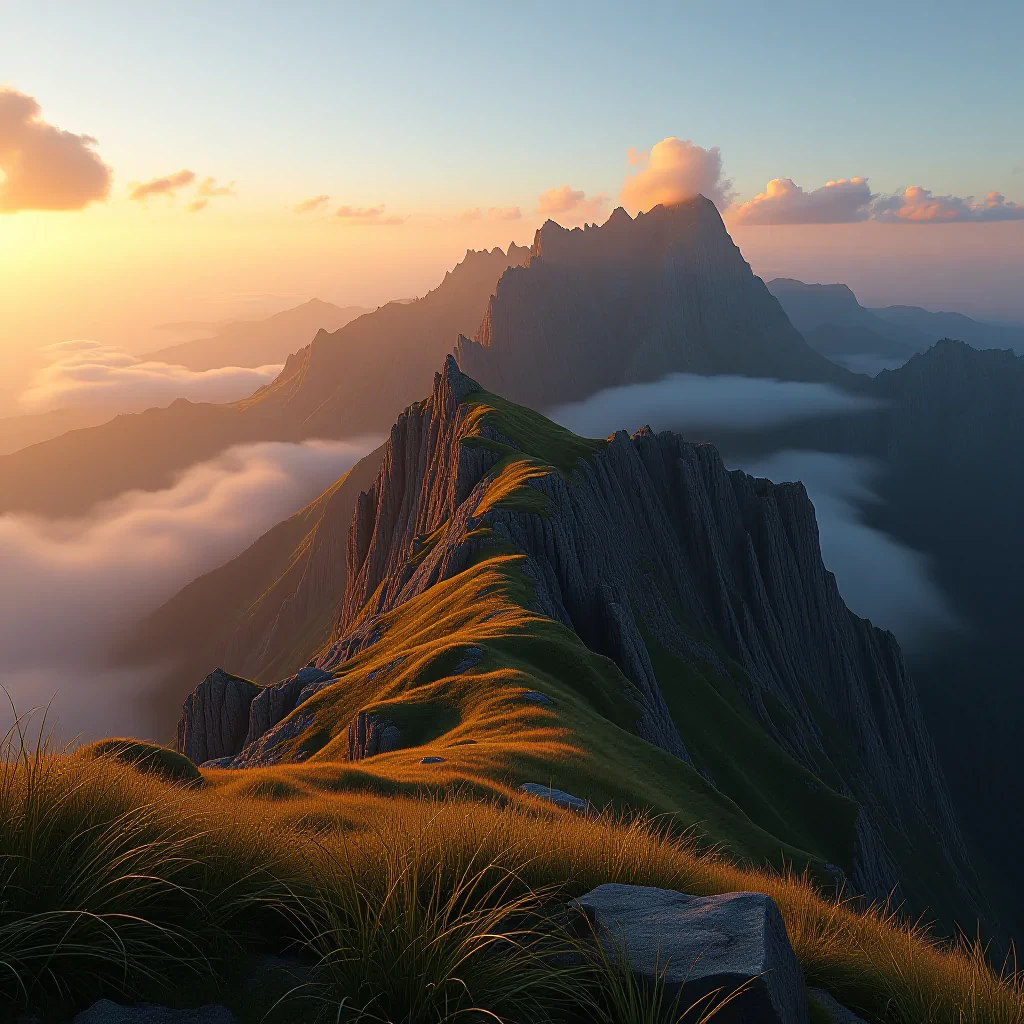 A hyper-detailed, photorealistic portrait of a rugged mountain landscape during sunrise. The crisp morning air is visible through the mist rolling over the jagged peaks. Every detail is meticulously captured, from the dewdrops on the blades of grass in the foreground to the subtle shadows cast by the rocky cliffs in the distance. The sky is a perfect gradient from deep orange to soft blue, with a few scattered clouds reflecting the morning light, evoking the raw beauty of untouched nature